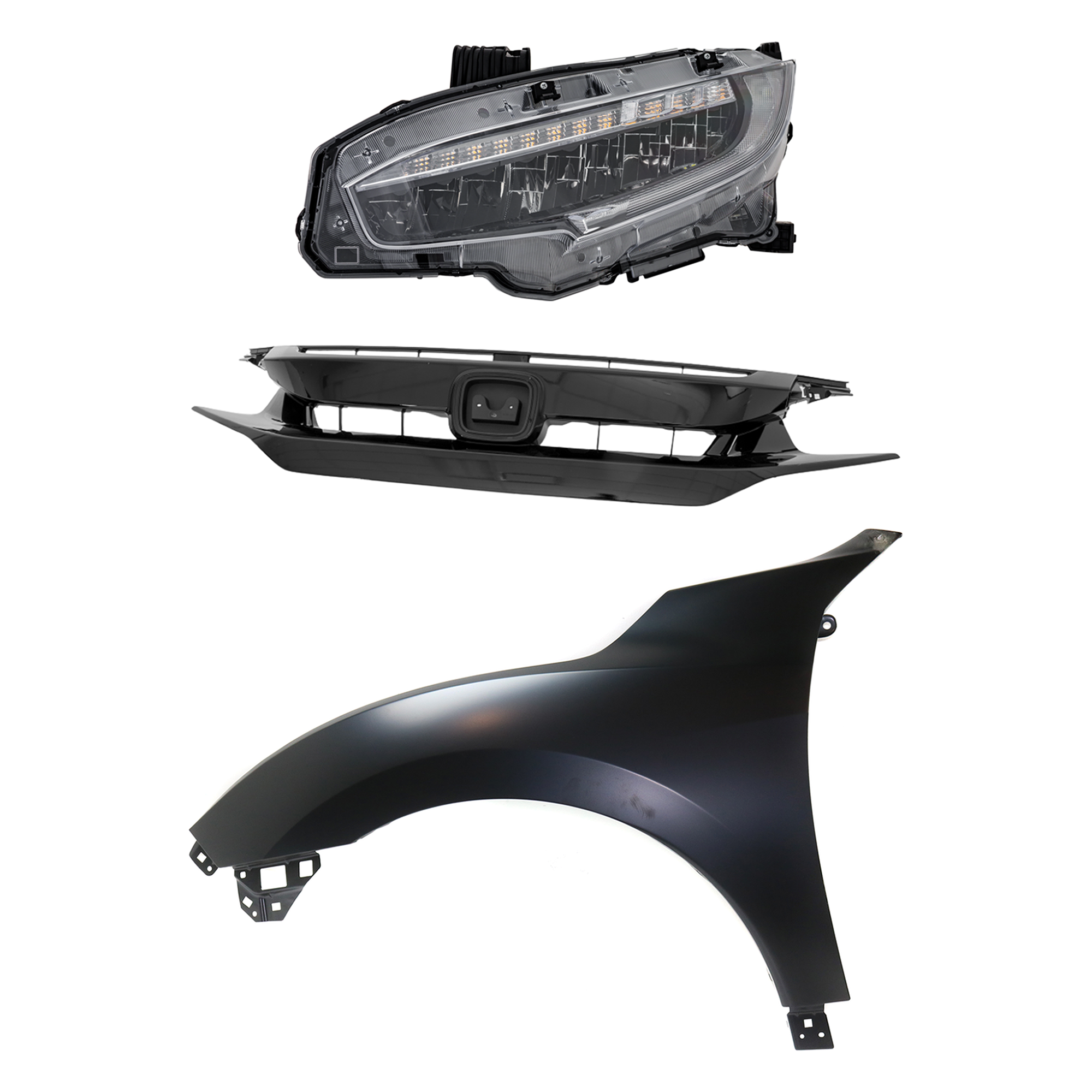 AM CIVIC 20-21 HEAD LAMP LH Assembly LED 3 pc Kit with Fender and Grille Assembly SKU KIT 030323-31802 Partslink HO2502199 HO1240195 HO1200248 OEM 33150TBAA23-60261TGGA00ZZ 7112