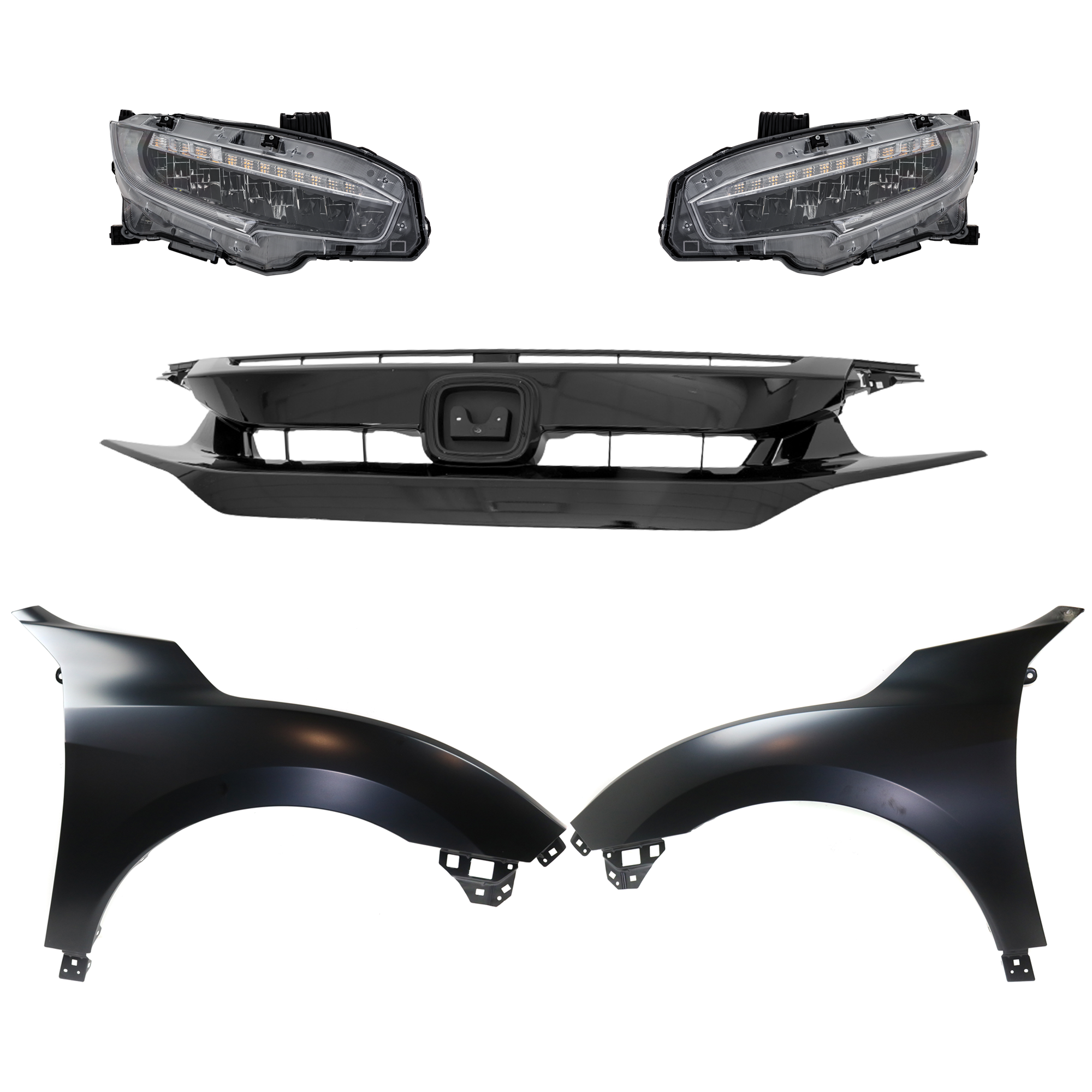 AM CIVIC 20-21 HEAD LAMP RH AND LH Assembly LED 5 pc Kit with Fenders and Grille Assembly SKU KIT 030323-318 Partslink HO2502199 HO2503199 HO1240195 HO1241195 HO1200248 OEM 33100TBAA23-33150TBAA23-60261T