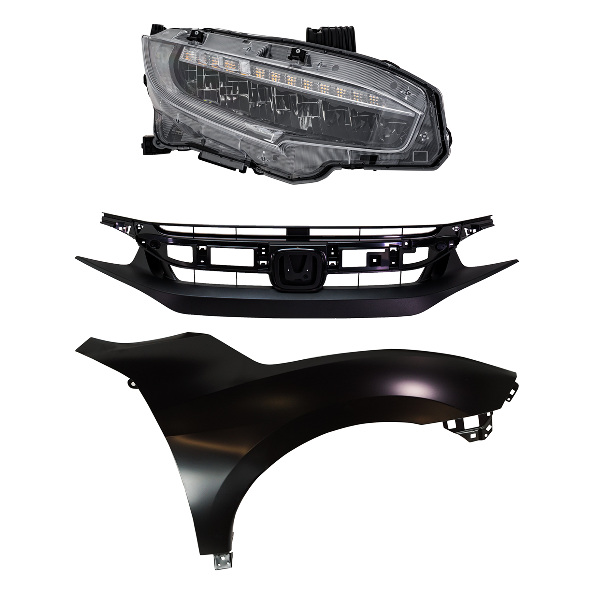 AM CIVIC 20-20 HEAD LAMP RH Assembly LED 3 pc Kit with Fender and Grille Assembly SKU KIT 030323-31901 Partslink HO2503199 HO1241200 HO1200241 OEM 33100TBAA23-60211TBAA50ZZ 7112