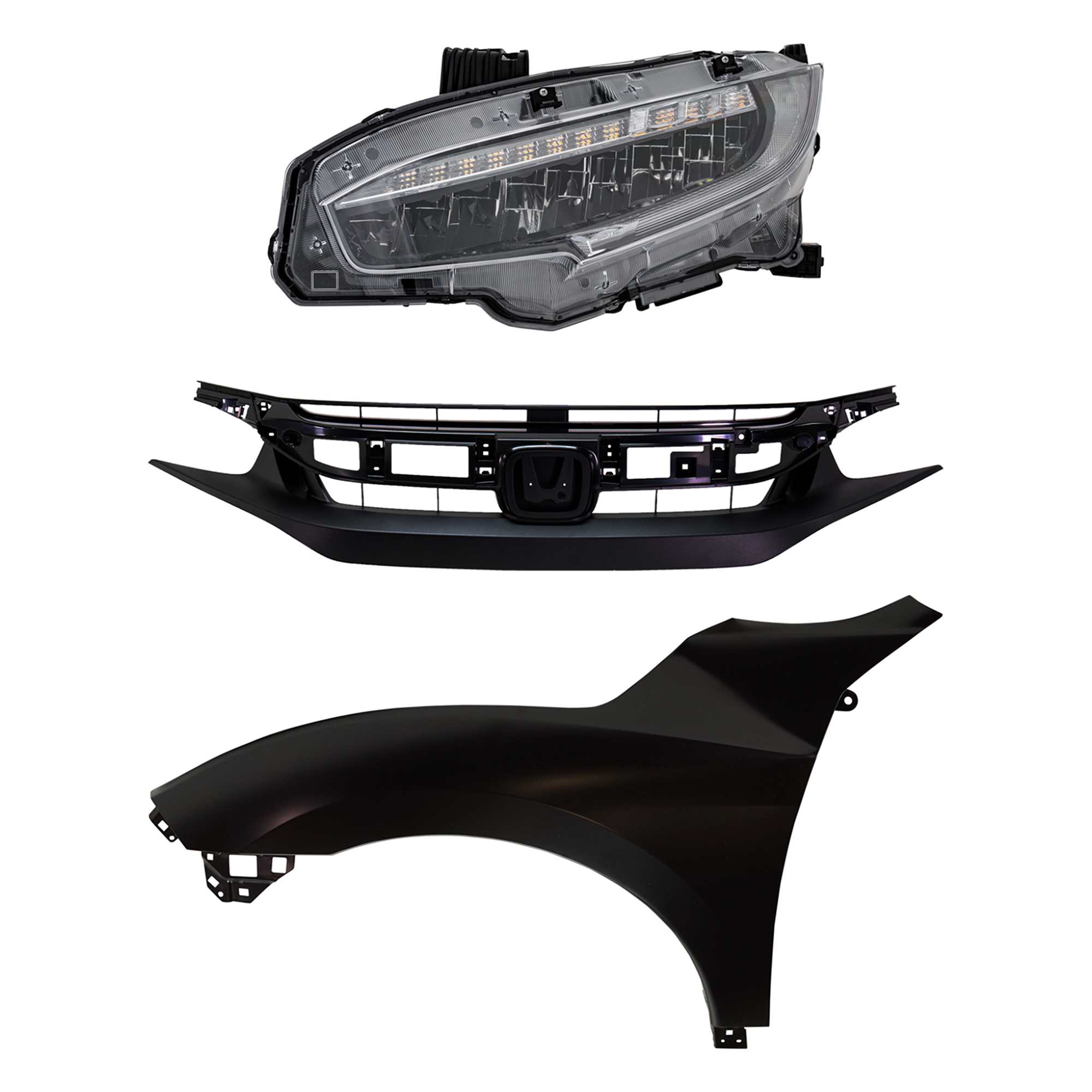 AM CIVIC 20-20 HEAD LAMP LH Assembly LED 3 pc Kit with Fender and Grille Assembly SKU KIT 030323-31902 Partslink HO2502199 HO1240200 HO1200241 OEM 33150TBAA23-60261TBAA50ZZ 7112