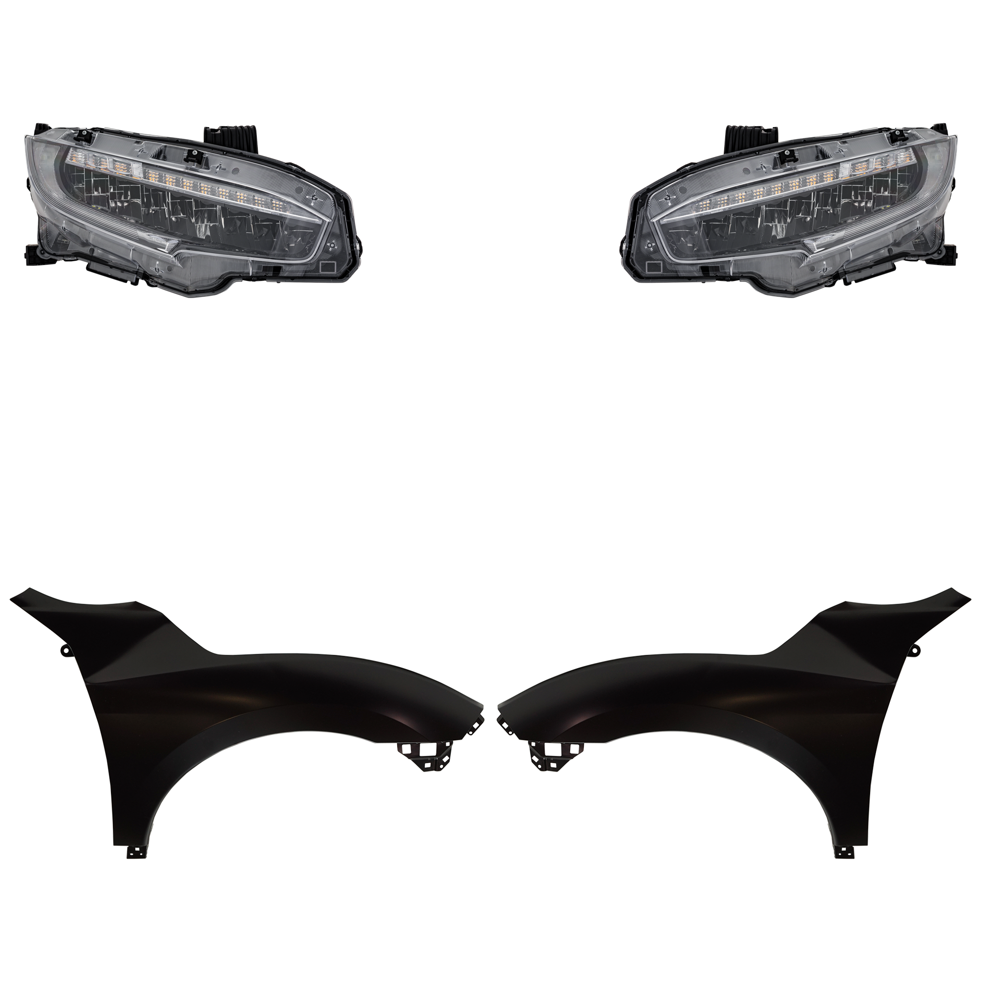 AM CIVIC 20-20 HEAD LAMP RH AND LH Assembly LED 4 pc Kit with Fenders SKU KIT 030323-31903 Partslink HO2503199 HO2502199 HO1240200 HO1241200 OEM 33100TBAA23-33150TBAA23-60261T