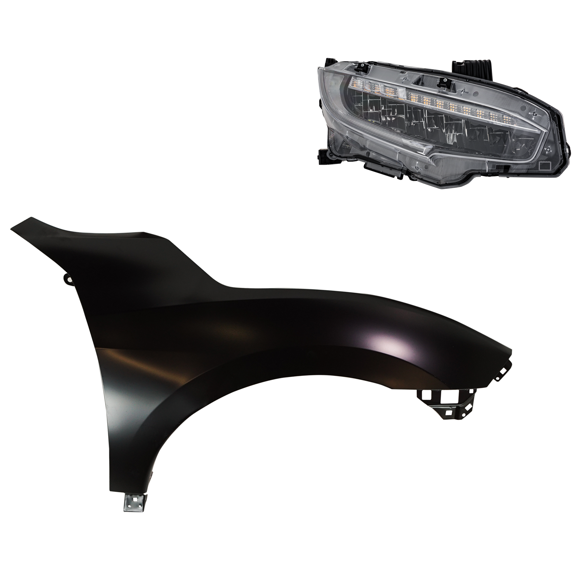 AM CIVIC 20-20 HEAD LAMP RH Assembly LED 2 pc Kit with Fender SKU KIT 030323-31904 Partslink HO2503199 HO1241200 OEM 33100TBAA23-60211TBAA50ZZ