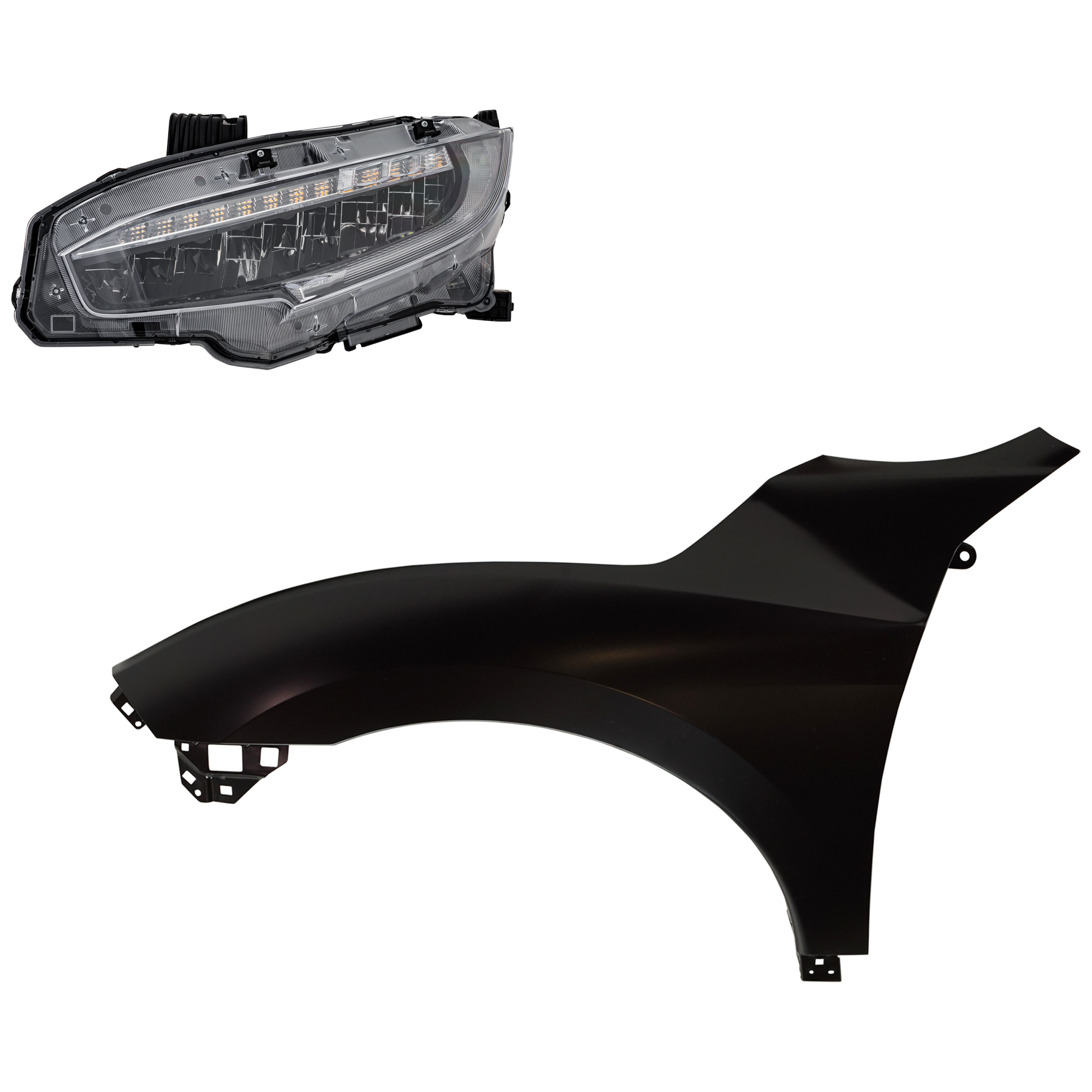 AM CIVIC 20-20 HEAD LAMP LH Assembly LED 2 pc Kit with Fender SKU KIT 030323-31905 Partslink HO2502199 HO1240200 OEM 33150TBAA23-60261TBAA50ZZ