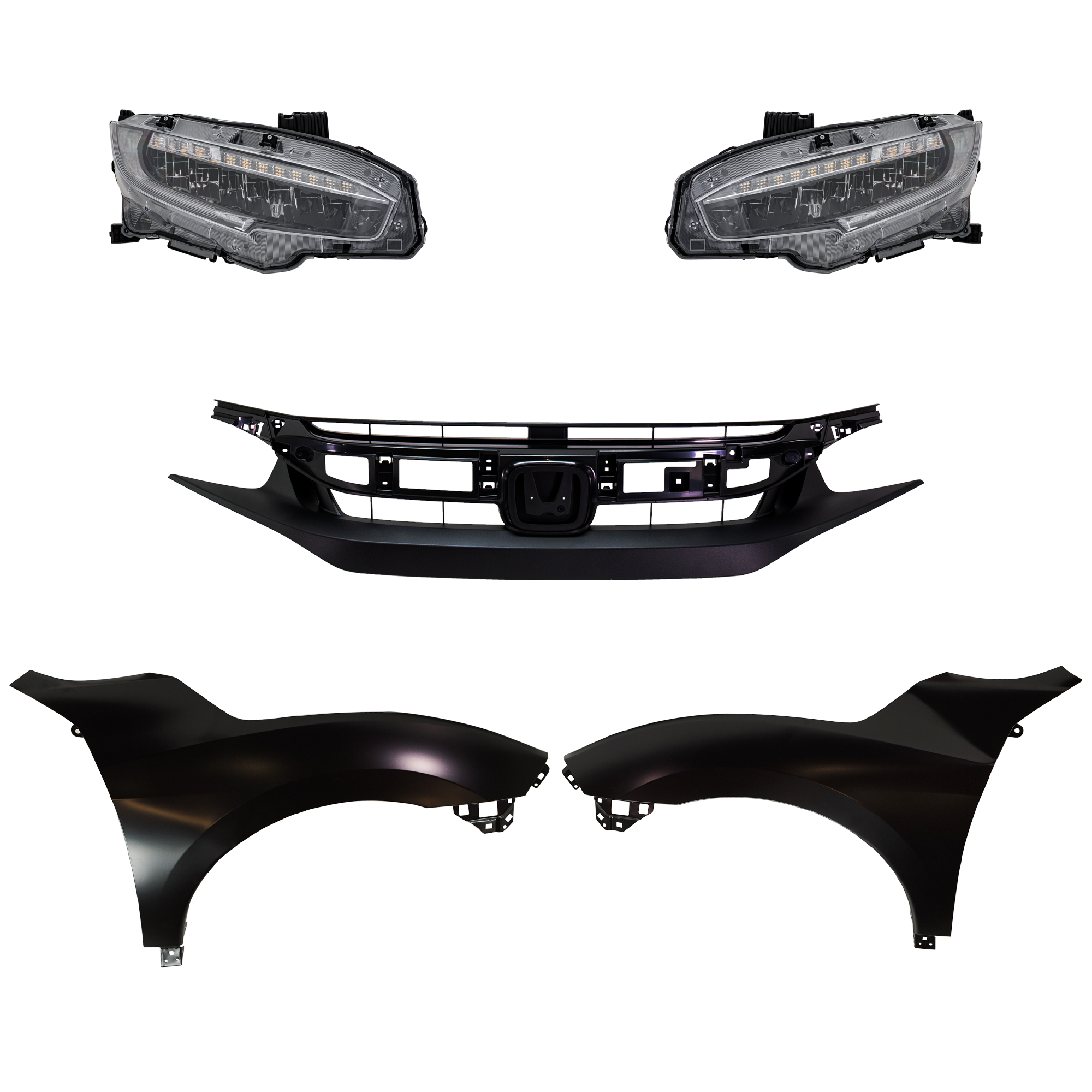 AM CIVIC 20-20 HEAD LAMP RH AND LH Assembly LED 5 pc Kit with Fenders and Grille Assembly SKU KIT 030323-319 Partslink HO2503199 HO2502199 HO1240200 HO1241200 HO1200241 OEM 33100TBAA23-33150TBAA23-60261T