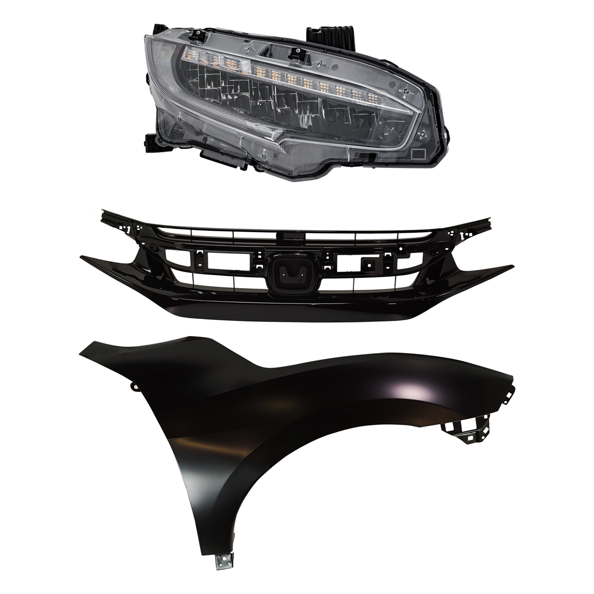 AM CIVIC 20-20 HEAD LAMP RH Assembly LED 3 pc Kit with Fender and Grille Assembly SKU KIT 030323-32001 Partslink HO2503199 HO1241200 HO1200242 OEM 33100TBAA23-60211TBAA50ZZ 7112