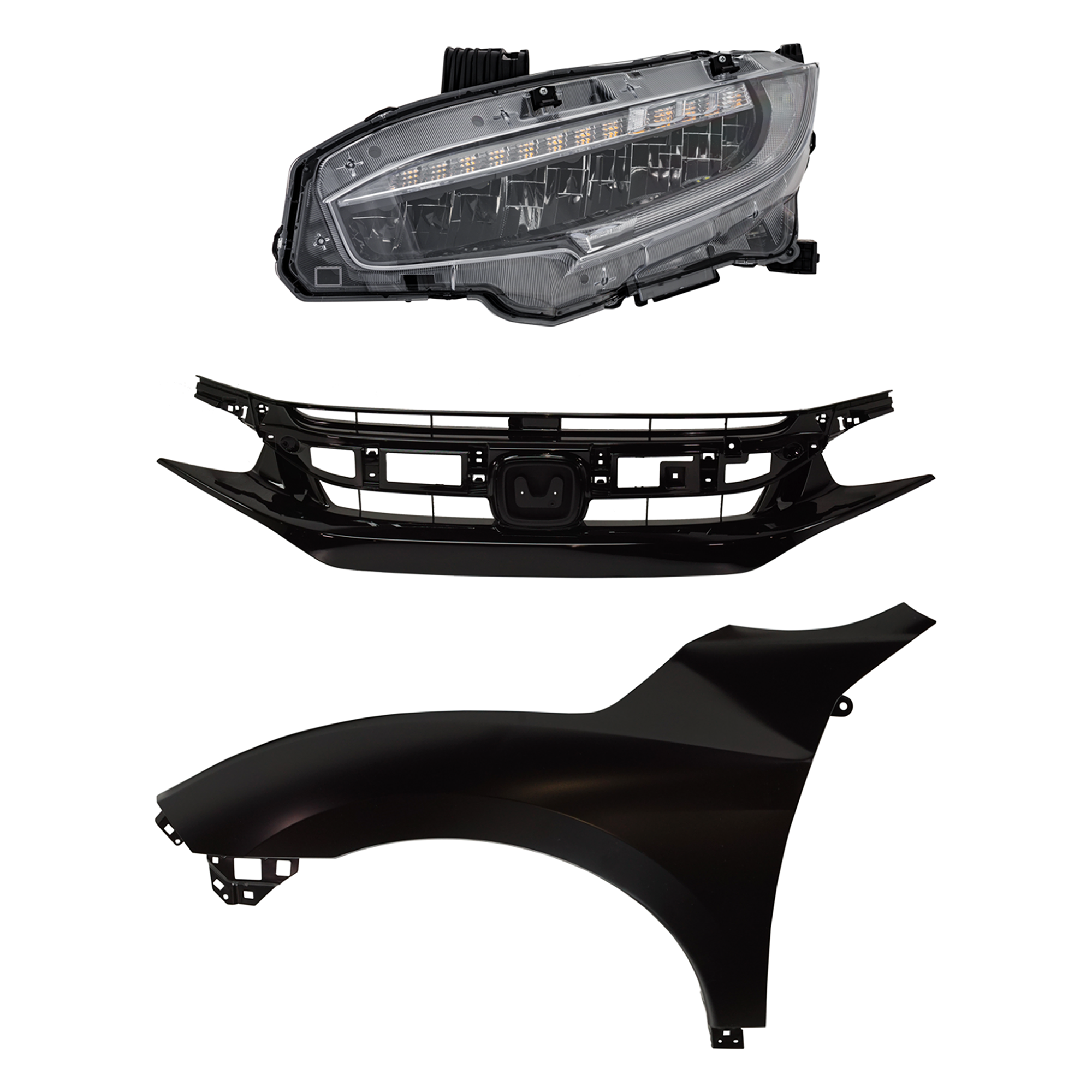 AM CIVIC 20-20 HEAD LAMP LH Assembly LED 3 pc Kit with Fender and Grille Assembly SKU KIT 030323-32002 Partslink HO2502199 HO1240200 HO1200242 OEM 33150TBAA23-60261TBAA50ZZ 7112