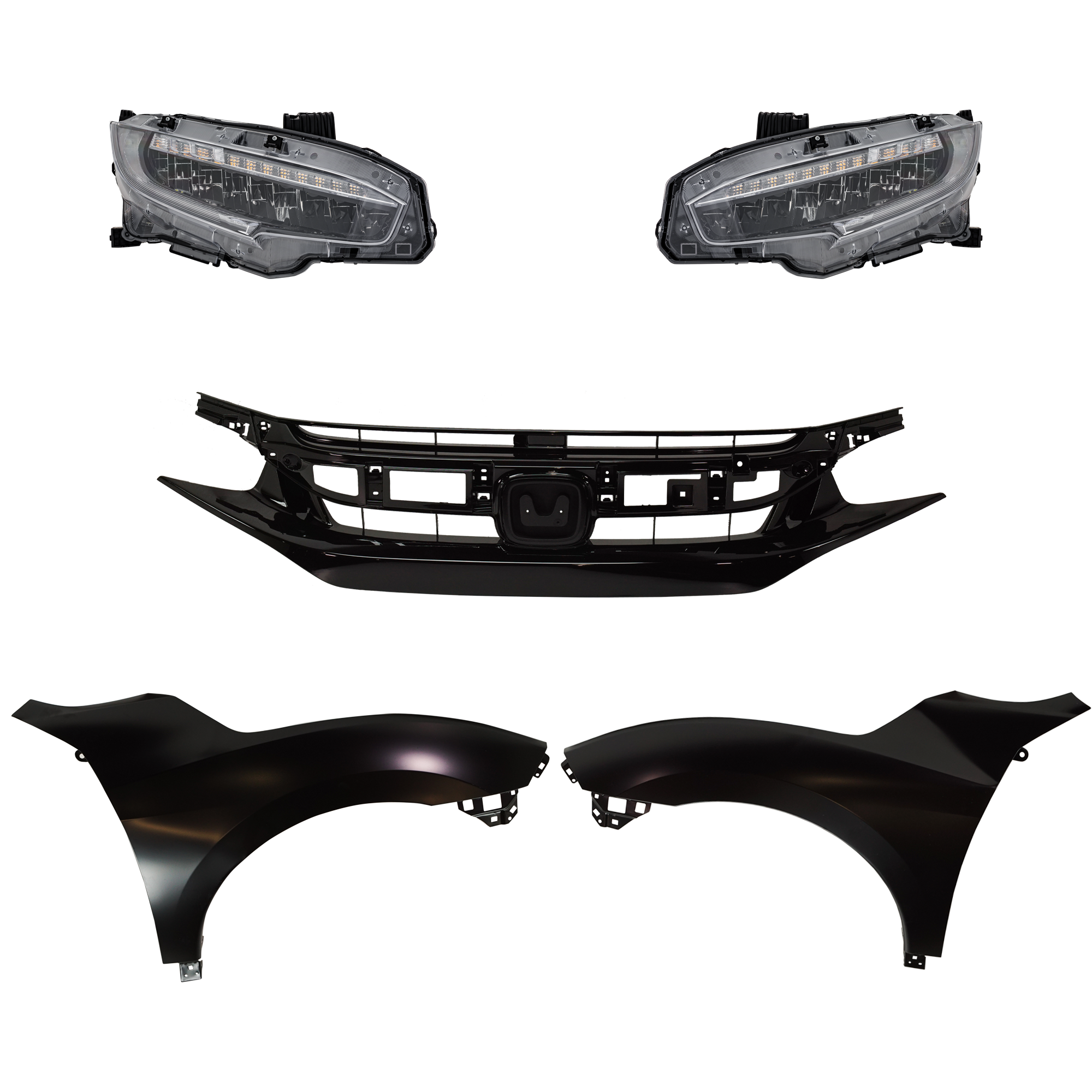 AM CIVIC 20-20 HEAD LAMP RH AND LH Assembly LED 5 pc Kit with Fenders and Grille Assembly SKU KIT 030323-320 Partslink HO2502199 HO2503199 HO1240200 HO1241200 HO1200242 OEM 33100TBAA23-33150TBAA23-60261T