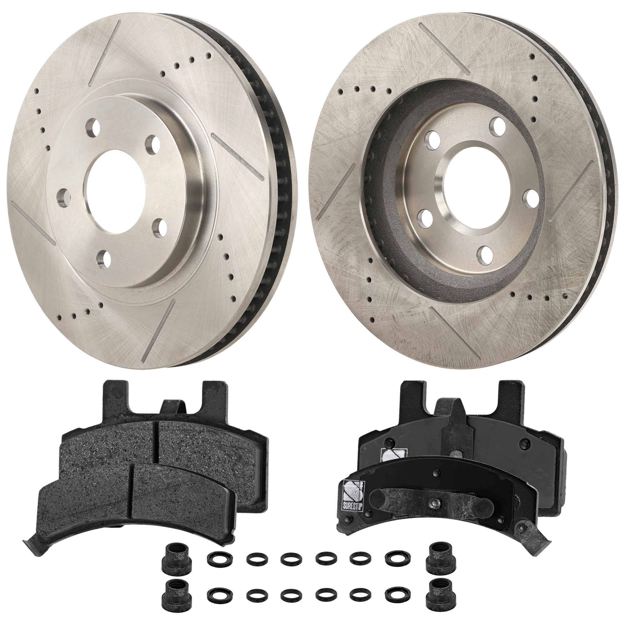 AM DEVILLE 97-99 FRONT BRAKE DISC AND PAD KIT 4 pc Kit Cross drilled and Slotted SKU KIT 030323-335 OEM 19902-55034-56641-65935-101703