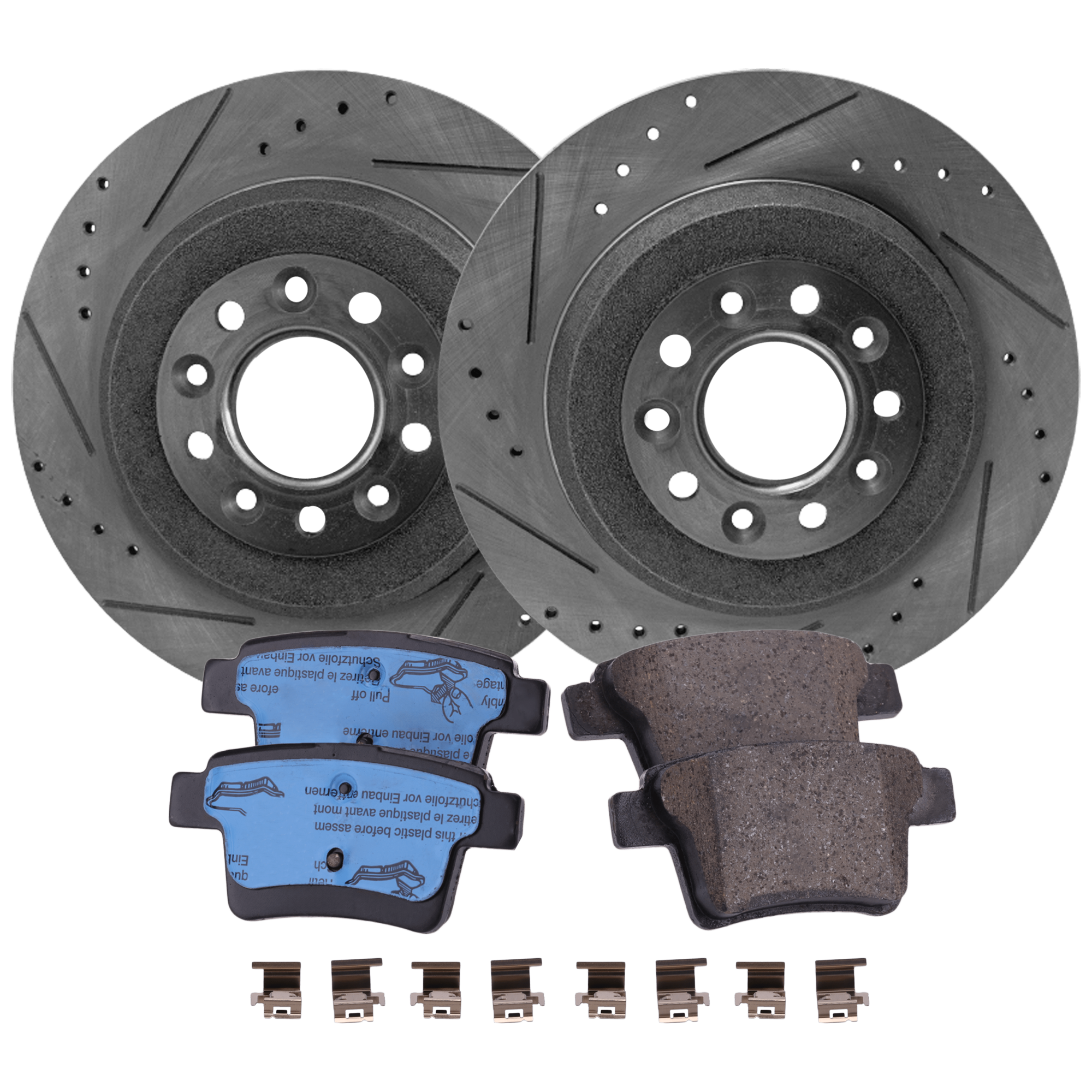AM FIVE HUNDRED 05-07 SABLE 08-09 REAR BRAKE DISC AND PAD KIT 4 pc kit Cross drilled and Slotted SKU KIT 030323-336 OEM 19362-42146-42266-54125-54165
