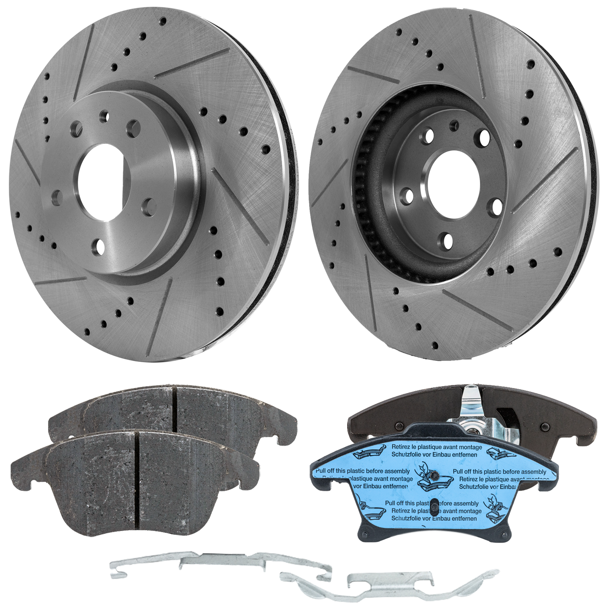AM FUSION 13-20 FRONT BRAKE DISC AND PAD KIT 4 pc kit Cross drilled and Slotted SKU KIT 030323-338 OEM 42286-54196-681015-850315-6005