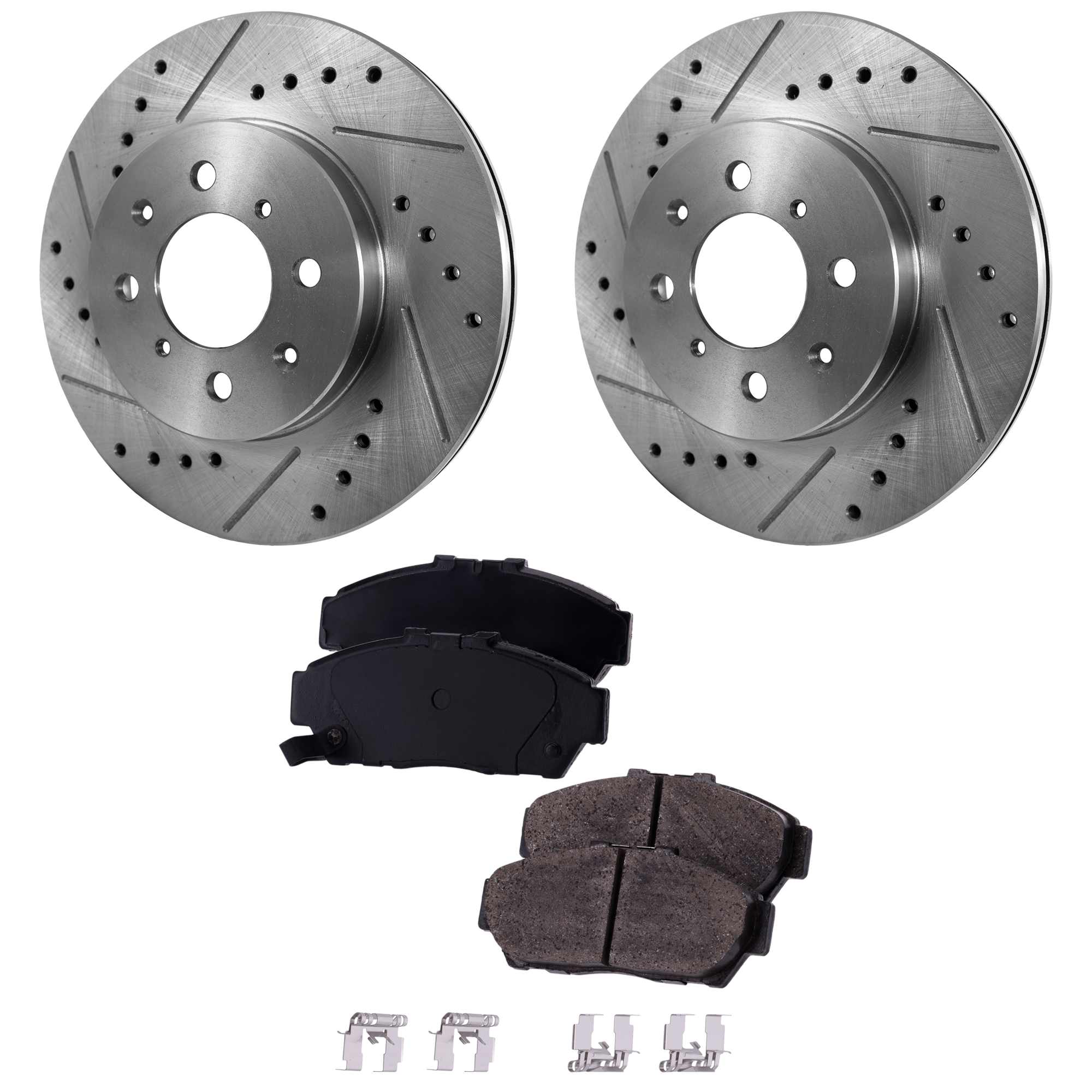 AM INTEGRA 94-01 FRONT BRAKE DISC AND PAD KIT 2 Wheel Set Cross drilled and Slotted SKU KIT 030323-339 OEM 288-3295-19756-25331-63255-860