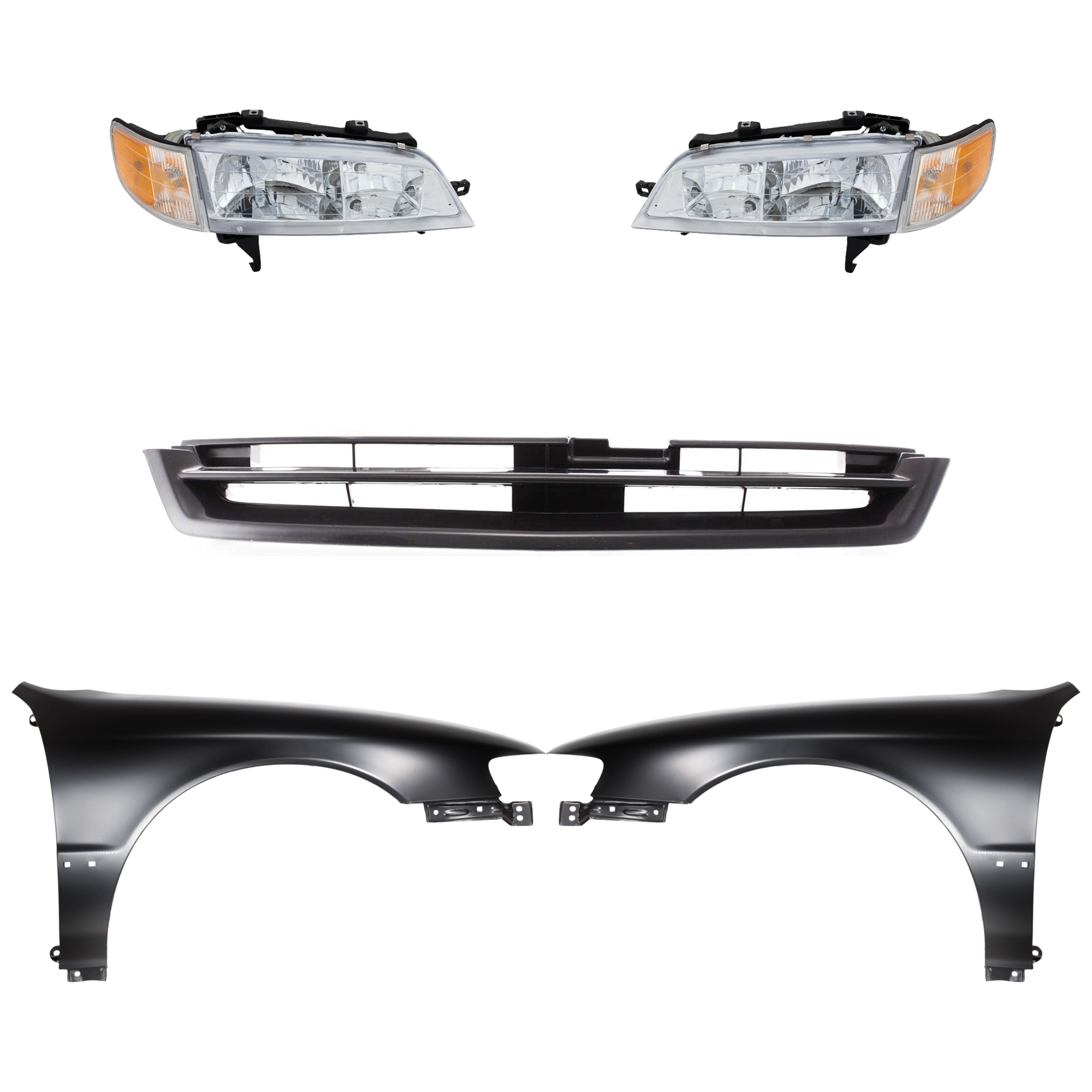 AM ACCORD 94-97 HEAD LAMP RH AND LH Assembly Halogen 5 pc Kit with Fenders and Grille SKU KIT 030323-69 Partslink HO2502106 HO2503106 HO1241122 HO1240122 HO1200141 OEM 33150SV4A02-33100SV4A02-60211S