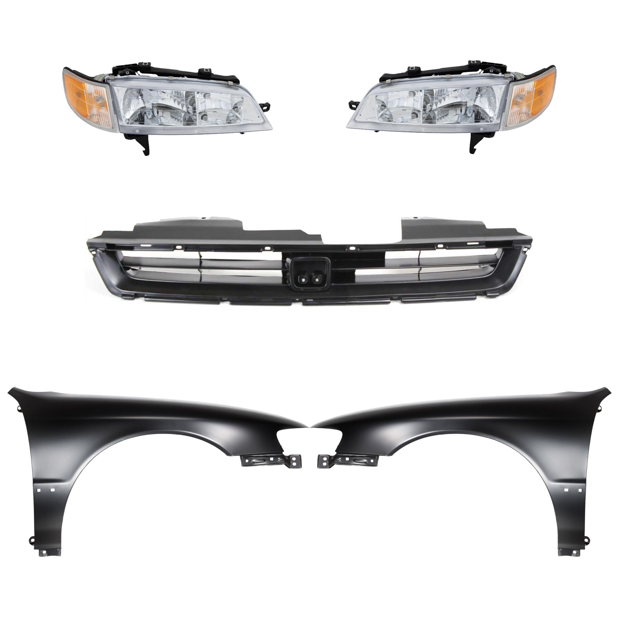 AM ACCORD 96-97 HEAD LAMP RH AND LH Assembly Halogen 5 pc Kit with Fenders and Grille Assembly SKU KIT 030323-70 Partslink HO2502106 HO2503106 HO1241122 HO1240122 HO1200135 OEM 33150SV4A02-33100SV4A02-60211S