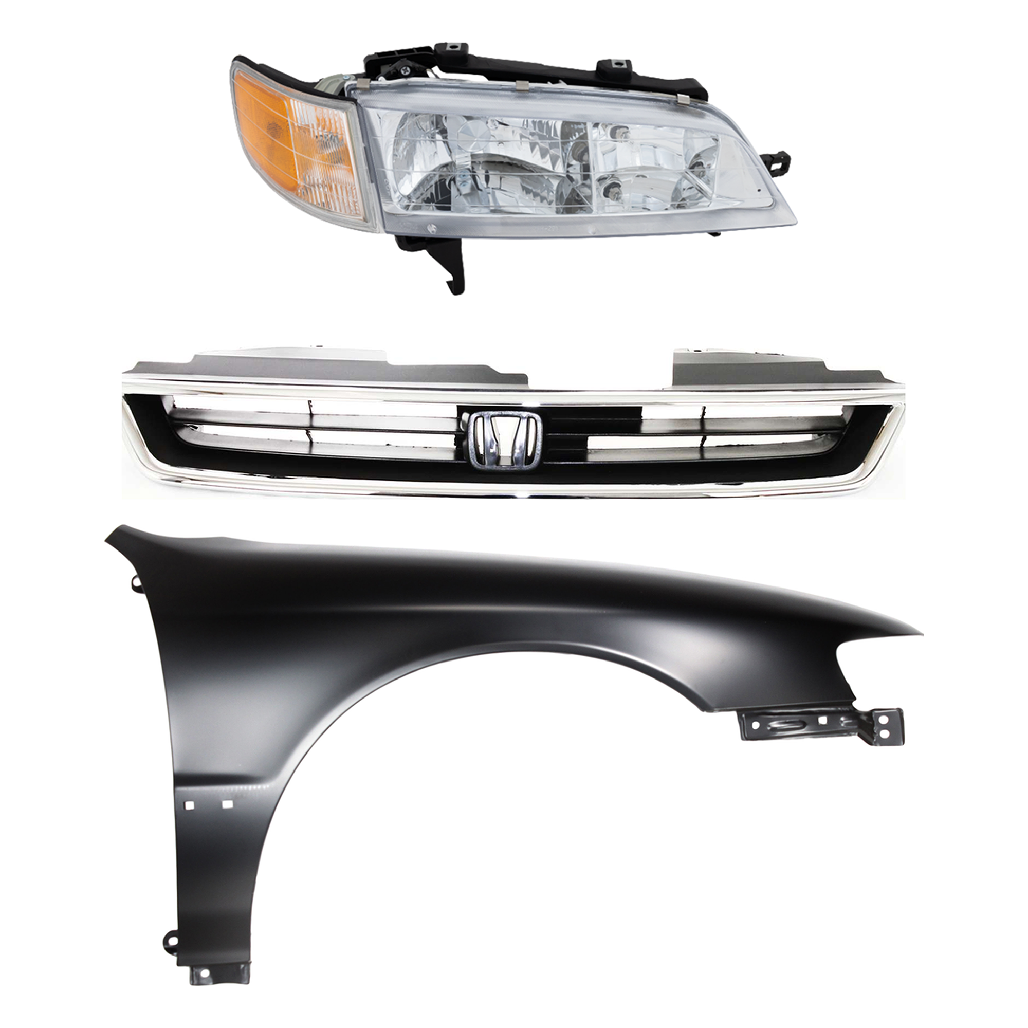 AM ACCORD 94-97 HEAD LAMP RH Assembly Halogen 3 pc Kit with Fender and Grille SKU KIT 030323-7101 Partslink HO2503106 HO1241122 HO1200136 OEM 33100SV4A02-60211SV4508ZZ 7510
