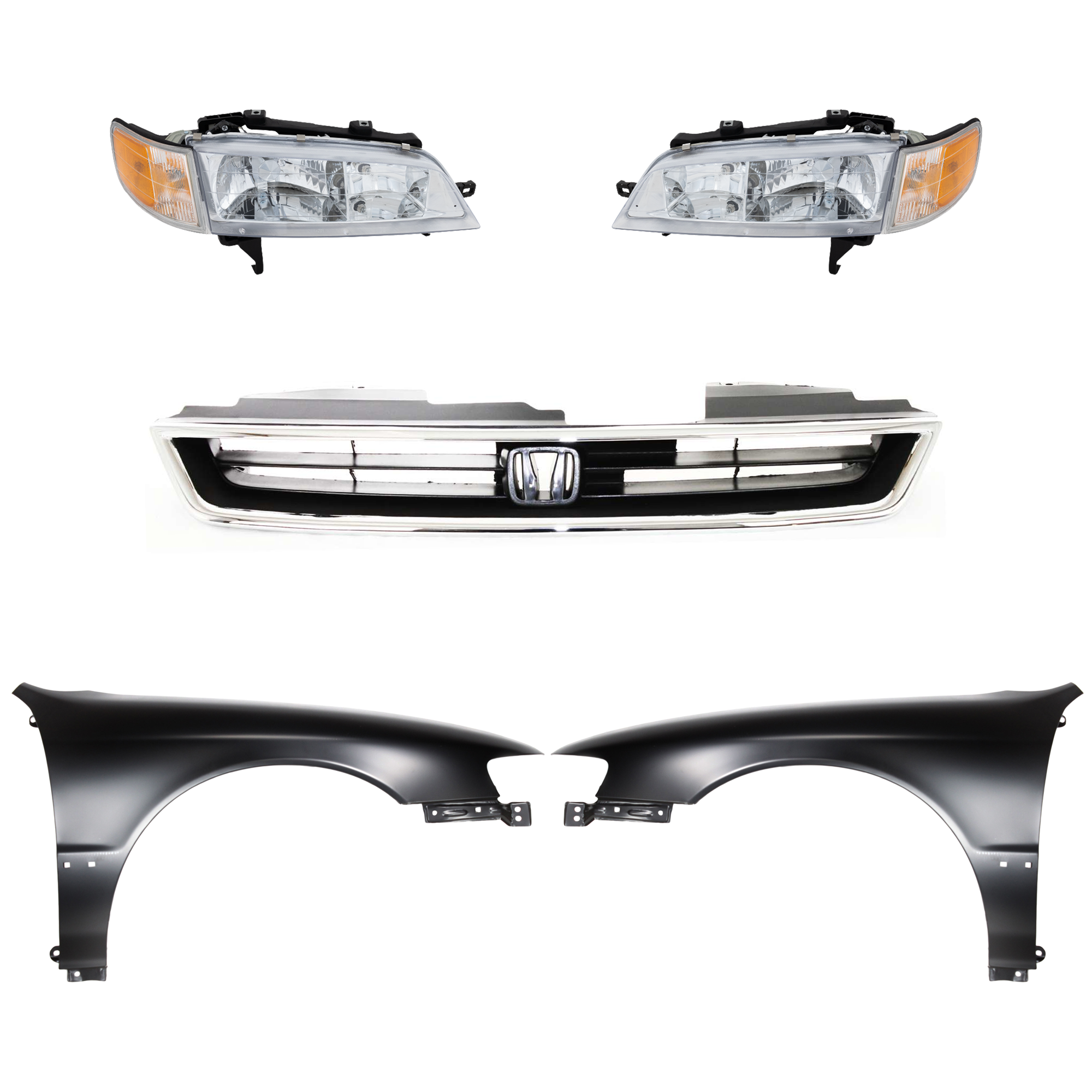 AM ACCORD 94-97 HEAD LAMP RH AND LH Assembly Halogen 5 pc Kit with Fenders and Grille SKU KIT 030323-71 Partslink HO2502106 HO2503106 HO1241122 HO1240122 HO1200136 OEM 33150SV4A02-33100SV4A02-60211S