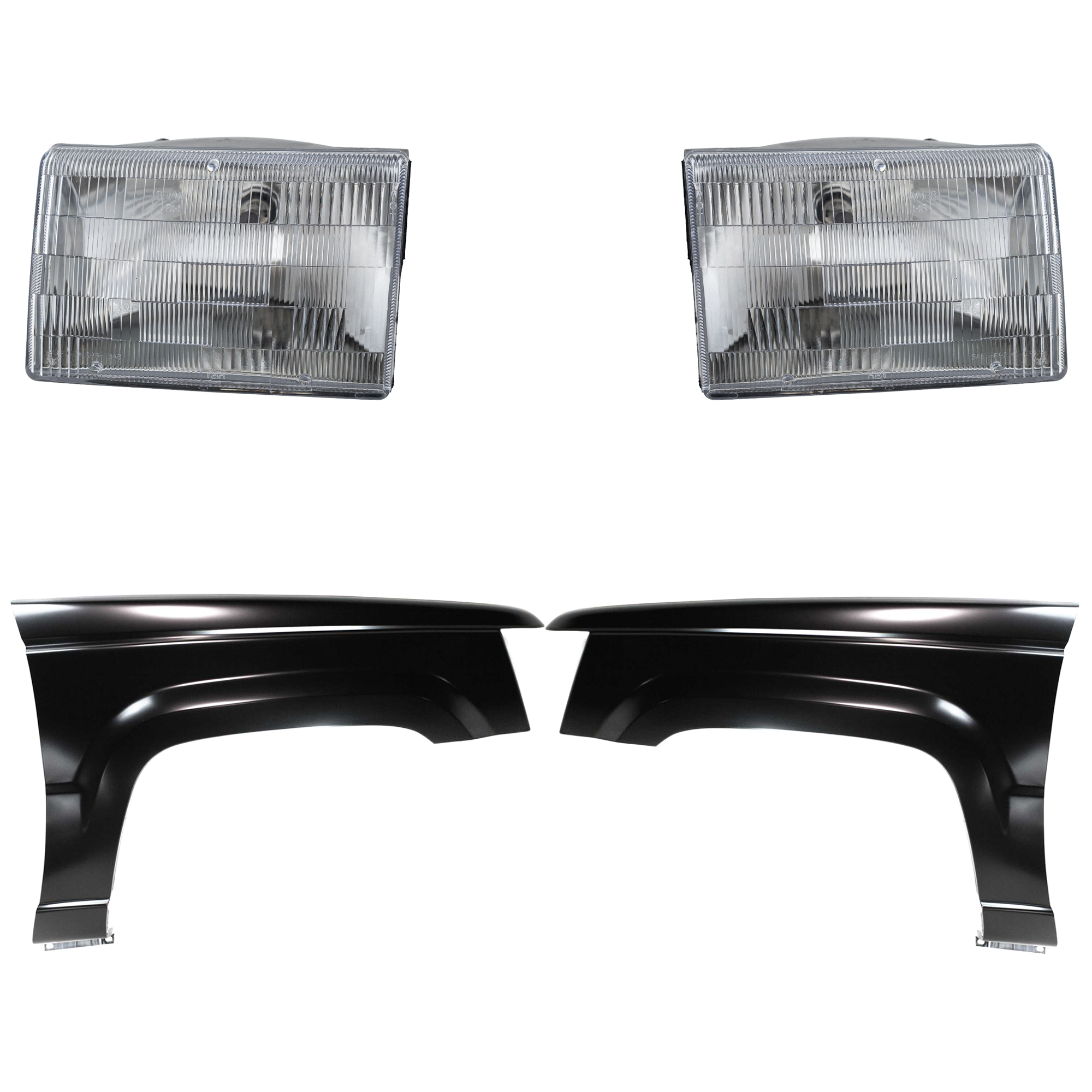 AM GRAND CHEROKEE 93-95 FRONT FENDER RH AND LH Primed 4 pc Kit with Headlights SKU KIT 030323-7603 Partslink CH1241202 CH1240202 CH2502104 CH2503104 OEM 55031834-55031835-55155127-550
