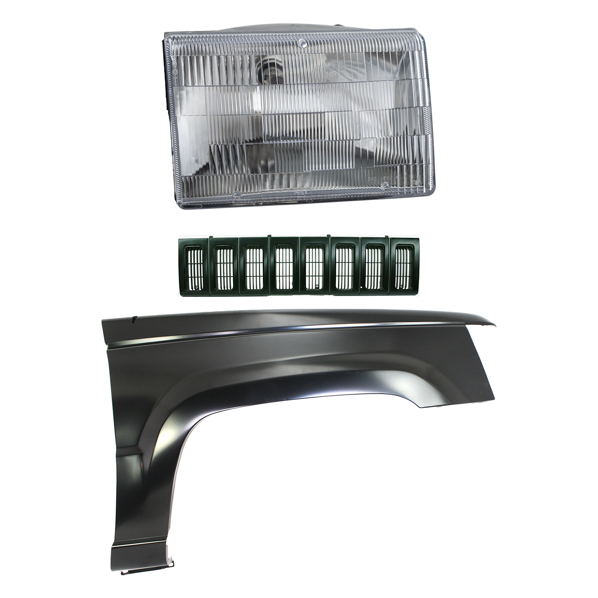 AM GRAND CHEROKEE 93-95 FRONT FENDER RH Primed 3 pc Kit with Grille and Headlight SKU KIT 030323-7701 Partslink CH1241202 CH1200142 CH2503104 OEM 55031834-5DF54MX8-55155126-550