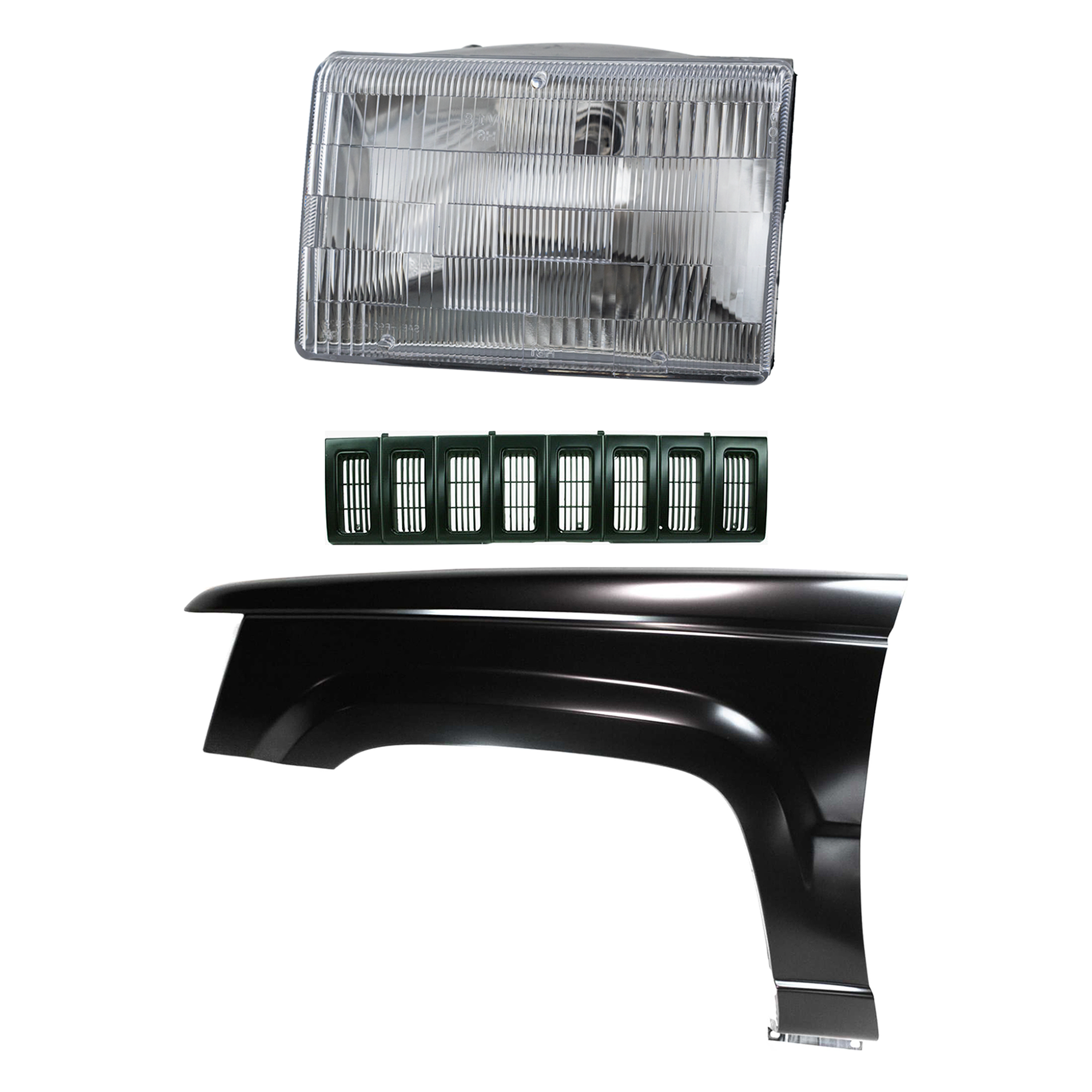 AM GRAND CHEROKEE 93-95 FRONT FENDER LH Primed 3 pc Kit with Grille and Headlight SKU KIT 030323-7702 Partslink CH1240202 CH1200142 CH2502104 OEM 55031835-5DF54MX8-55155127-550