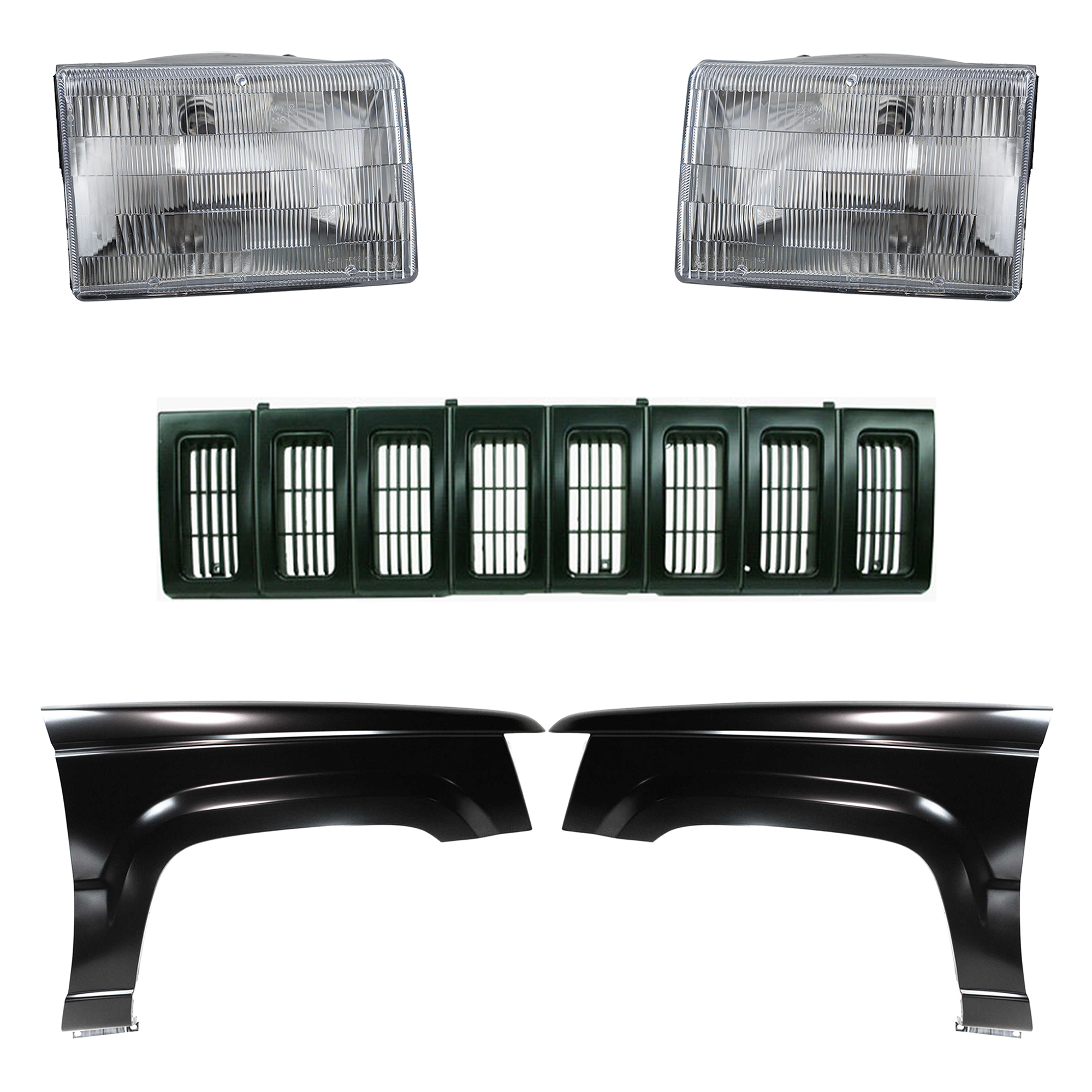 AM GRAND CHEROKEE 93-95 FRONT FENDER RH AND LH Primed 5 pc Kit with Grille and Headlights SKU KIT 030323-77 Partslink CH1240202 CH1241202 CH1200142 CH2503104 CH2502104 OEM 55031834-55031835-5DF54MX8-551