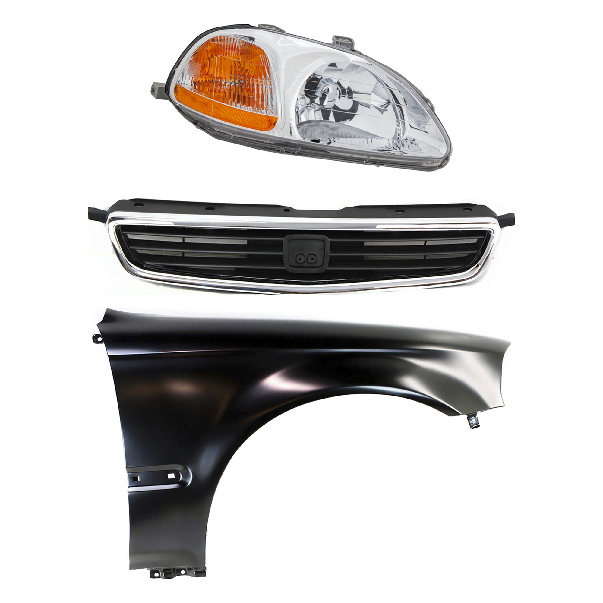 AM CIVIC 96-98 HEAD LAMP RH Lens and Housing Halogen 3 pc Kit with Fender and Grille Assembly SKU KIT 030323-7901 Partslink HO2519101 HO1241143 HO1200124 OEM 33101S01305-33101S01A01-60211S