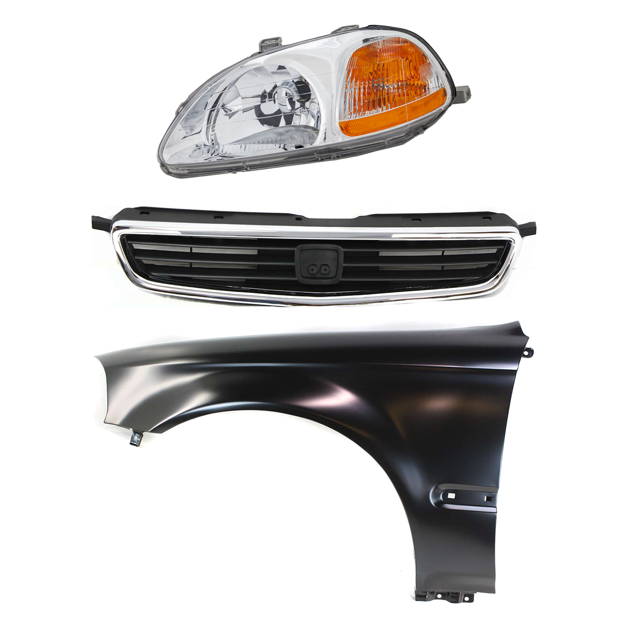 AM CIVIC 96-98 HEAD LAMP LH Lens and Housing Halogen 3 pc Kit with Fender and Grille Assembly SKU KIT 030323-7902 Partslink HO2518101 HO1240143 HO1200124 OEM 33151S01305-33151S01A01-60261S