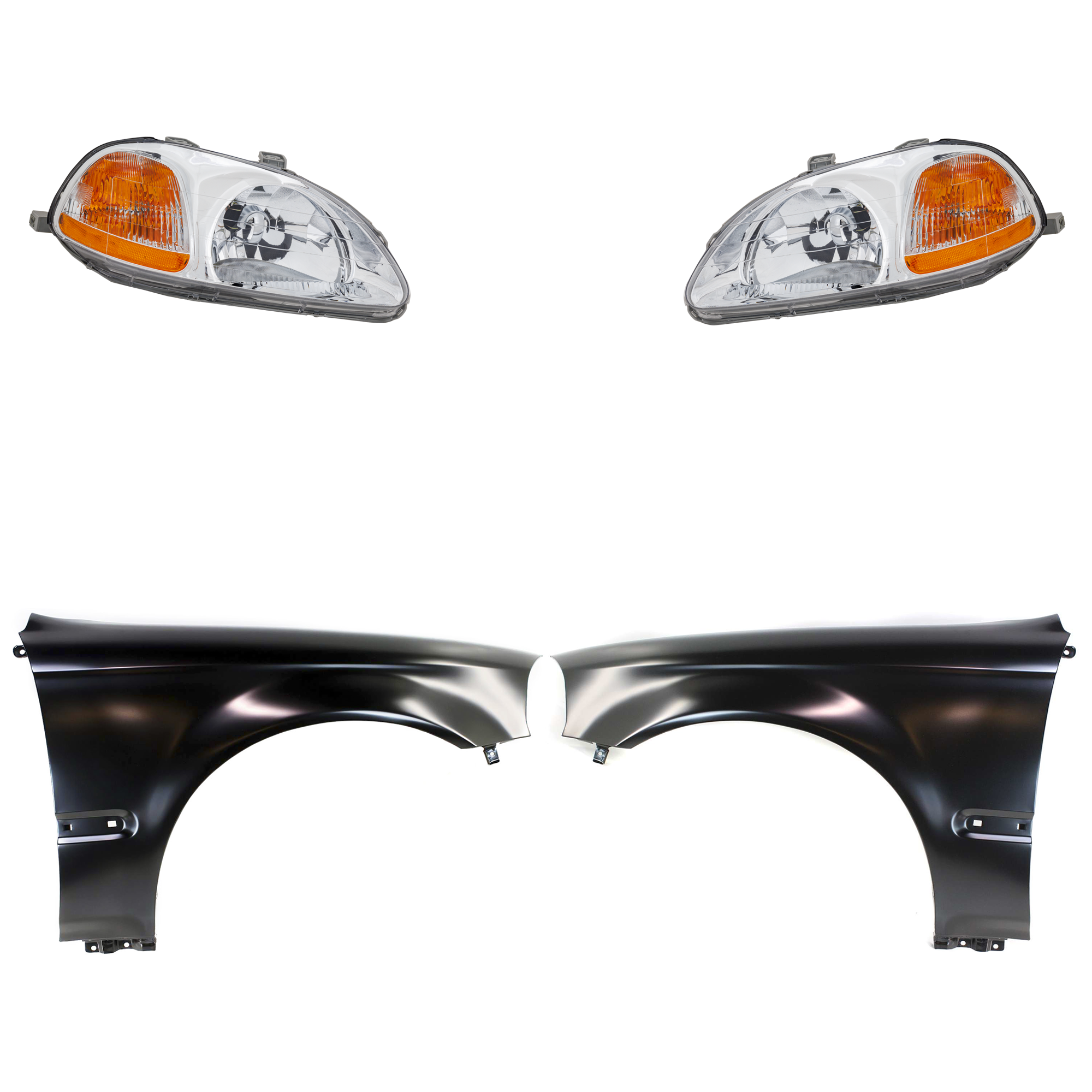 AM CIVIC 96-98 HEAD LAMP RH AND LH Lens and Housing Halogen 4 pc Kit with Fenders SKU KIT 030323-7903 Partslink HO2519101 HO2518101 HO1240143 HO1241143 OEM 33101S01305-33101S01A01-33151S