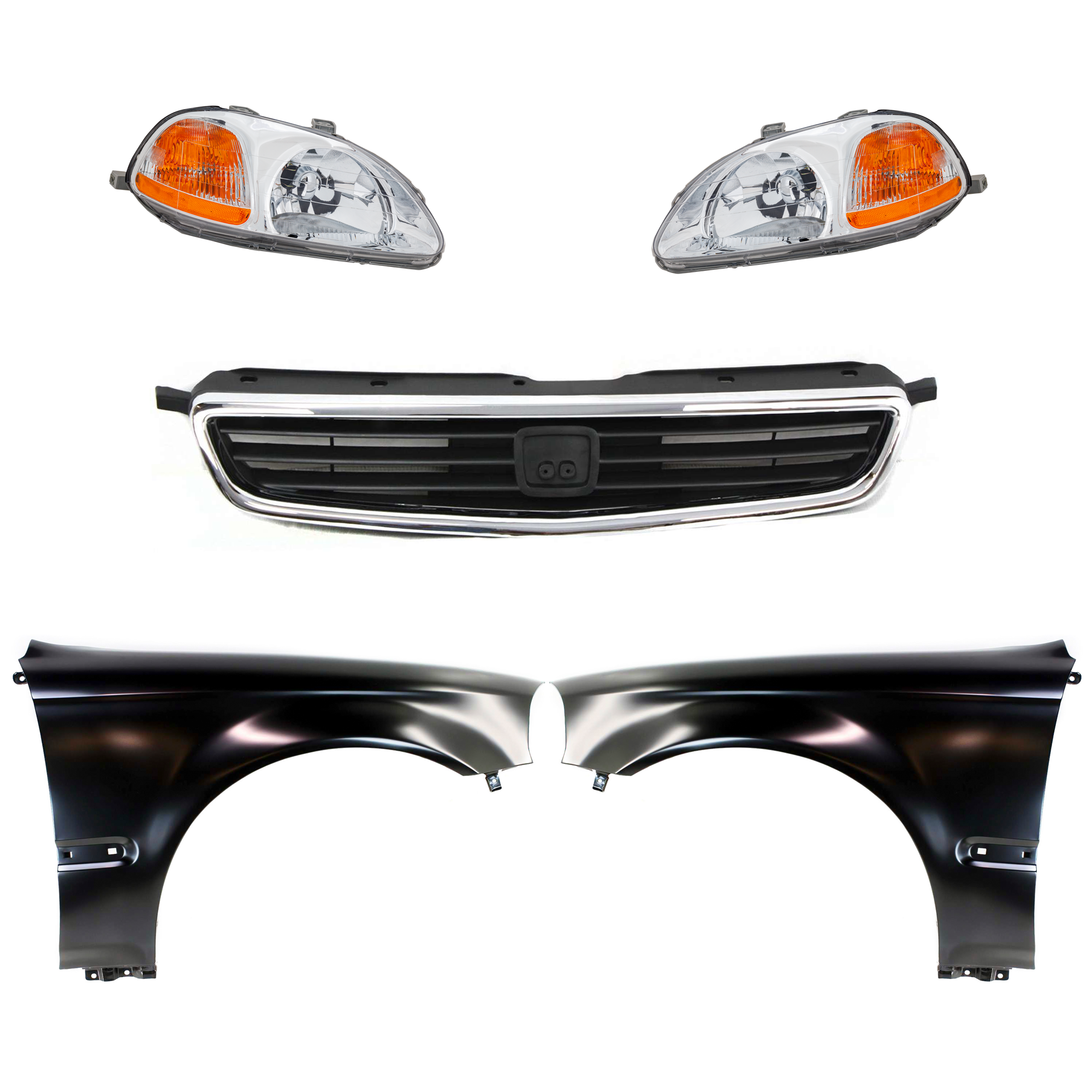 AM CIVIC 96-98 HEAD LAMP RH AND LH Lens and Housing Halogen 5 pc Kit with Fenders and Grille Assembly SKU KIT 030323-79 Partslink HO2518101 HO2519101 HO1240143 HO1241143 HO1200124 OEM 33151S01305-33151S01A01-33101S