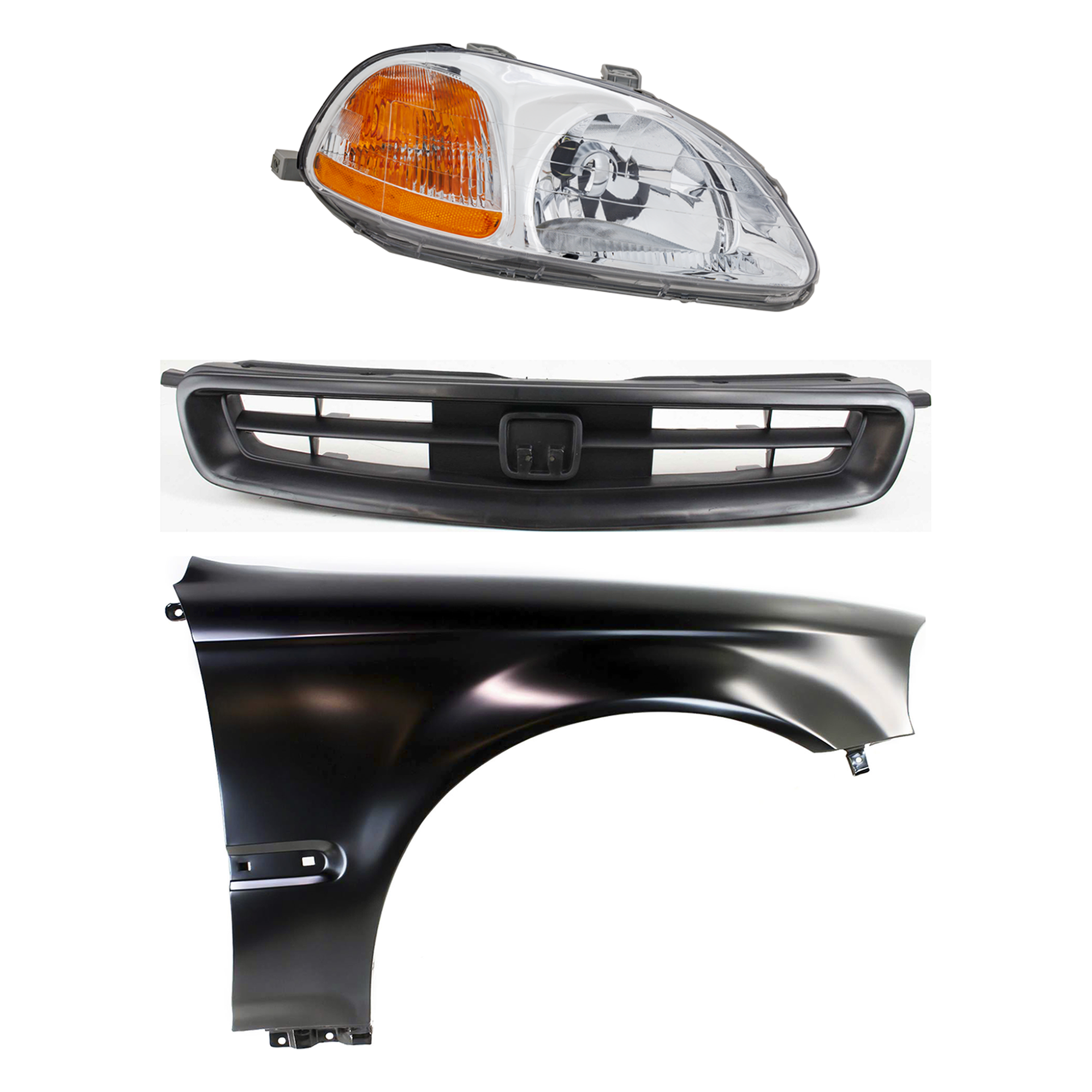 AM CIVIC 96-98 HEAD LAMP RH Lens and Housing Halogen 3 pc Kit with Fender and Grille SKU KIT 030323-8001 Partslink HO2519101 HO1241143 HO1200144 OEM 33101S01305-33101S01A01-60211S