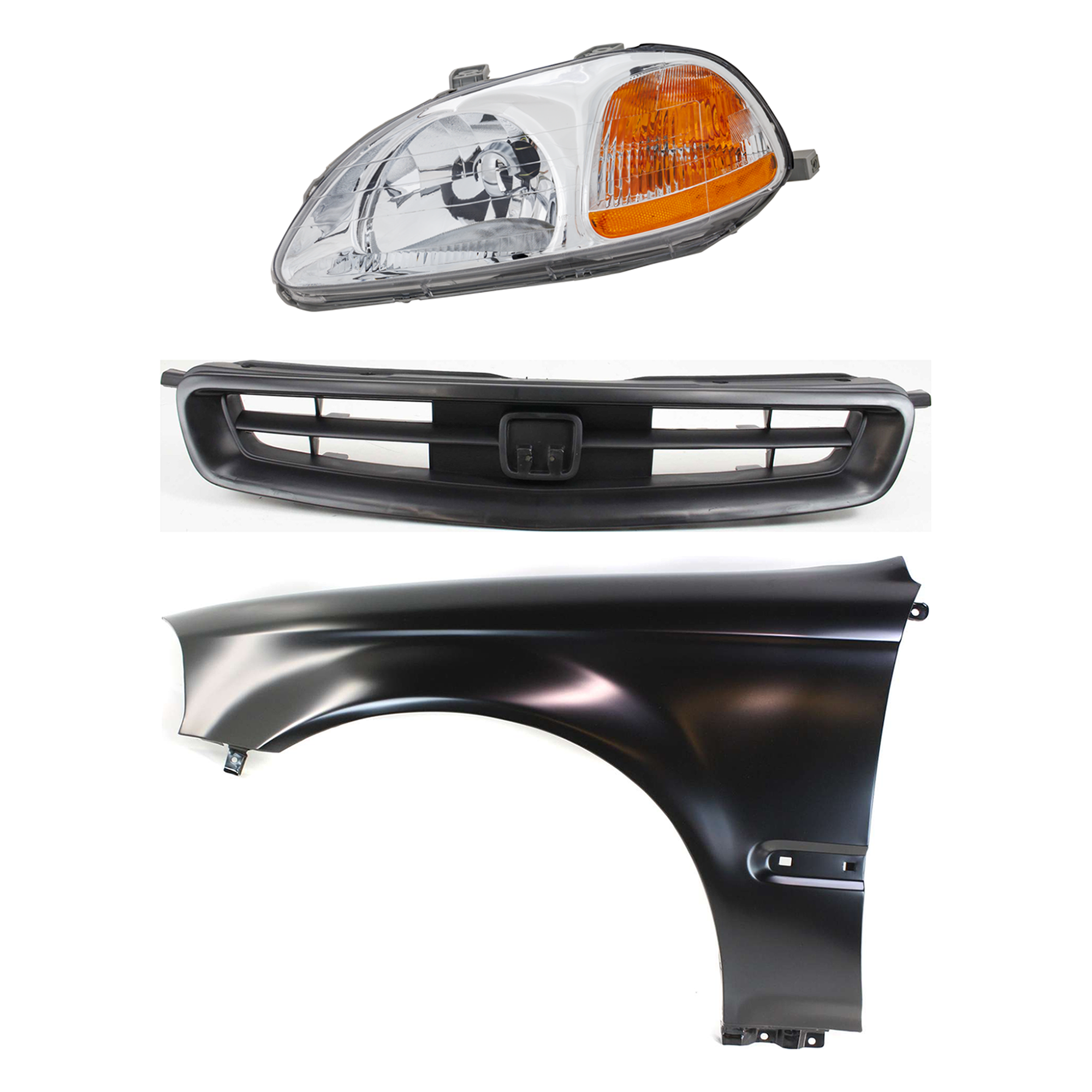 AM CIVIC 96-98 HEAD LAMP LH Lens and Housing Halogen 3 pc Kit with Fender and Grille SKU KIT 030323-8002 Partslink HO2518101 HO1240143 HO1200144 OEM 33151S01305-33151S01A01-60261S