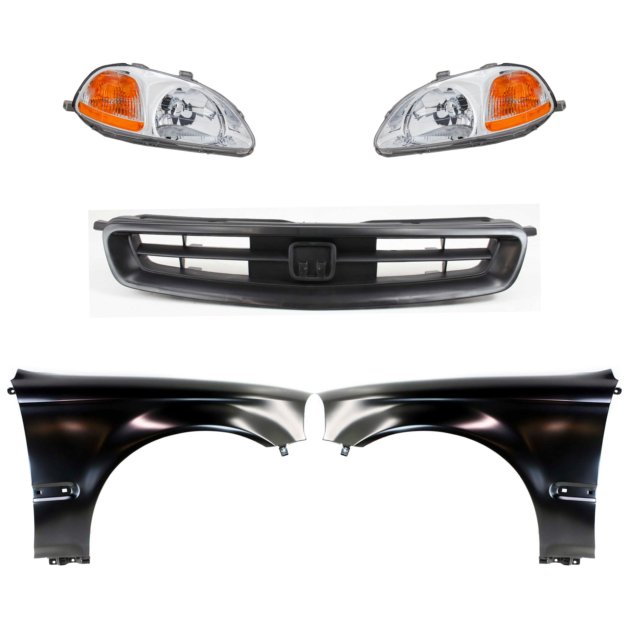 AM CIVIC 96-98 HEAD LAMP RH AND LH Lens and Housing Halogen 5 pc Kit with Fenders and Grille SKU KIT 030323-80 Partslink HO2518101 HO2519101 HO1240143 HO1241143 HO1200144 OEM 33151S01305-33151S01A01-33101S