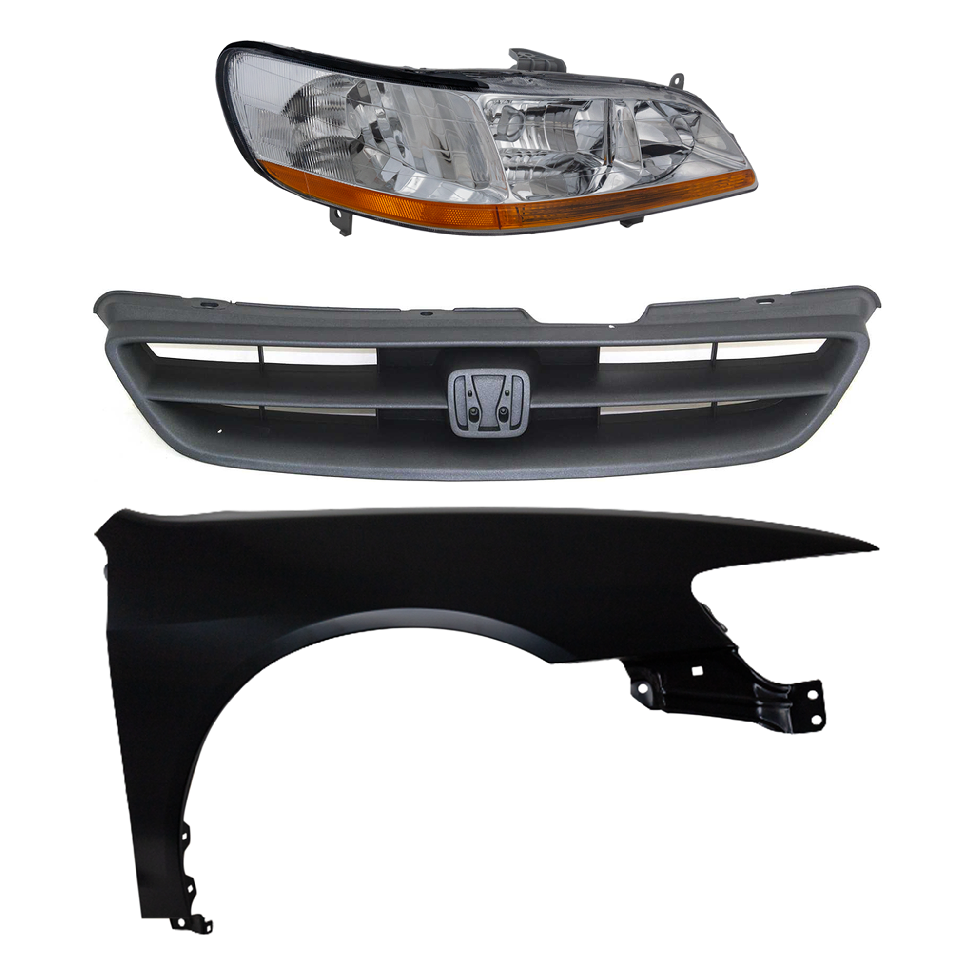 AM ACCORD 98-00 HEAD LAMP RH Lens and Housing Halogen 3 pc Kit with Fender and Grille SKU KIT 030323-8201 Partslink HO2503111 HO1241152 HO1200140 OEM 33101S84A01-60211S82A90ZZ 7510