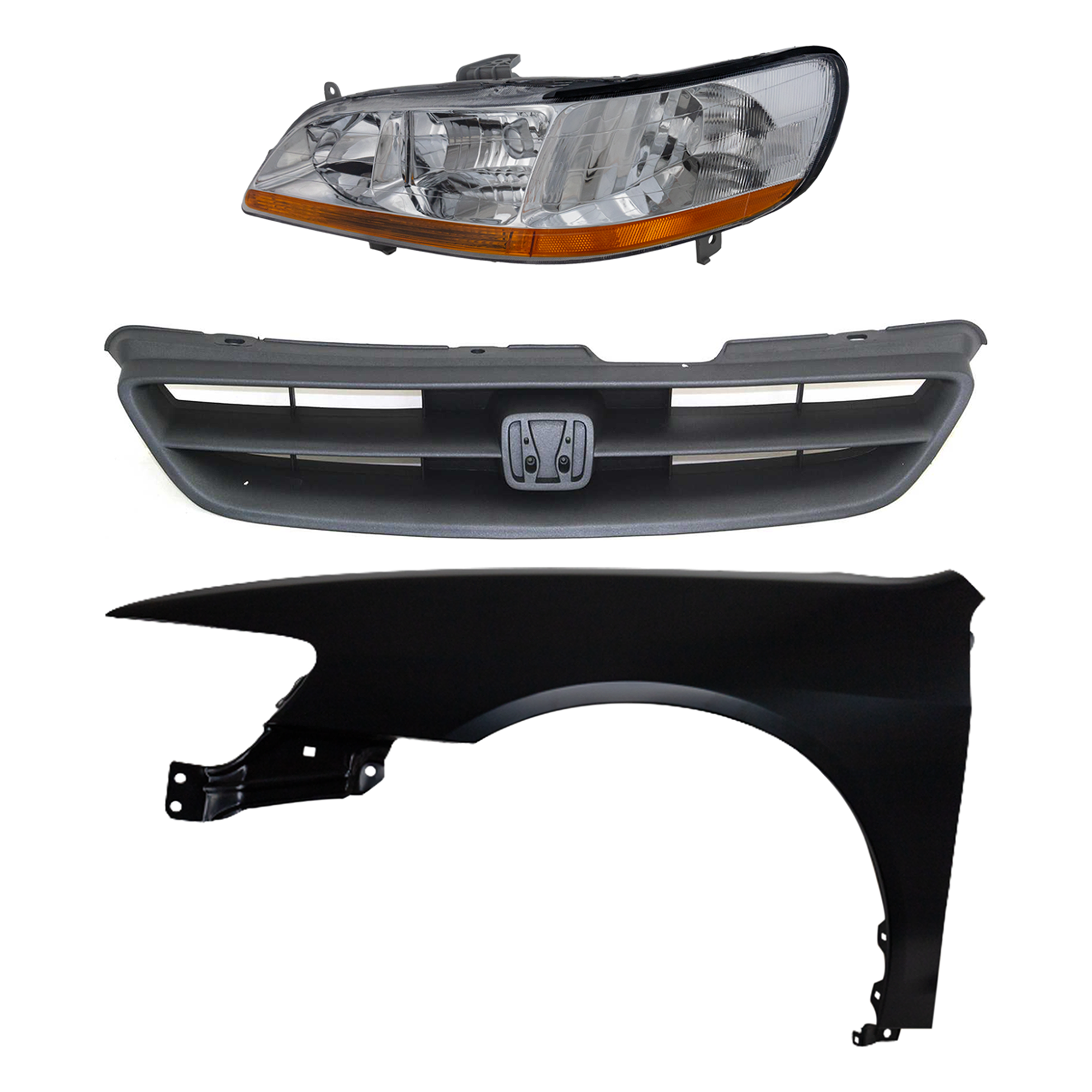 AM ACCORD 98-00 HEAD LAMP LH Lens and Housing Halogen 3 pc Kit with Fender and Grille Assembly SKU KIT 030323-8202 Partslink HO2502111 HO1240152 HO1200140 OEM 33151S84A01-60261S82A90ZZ 7510