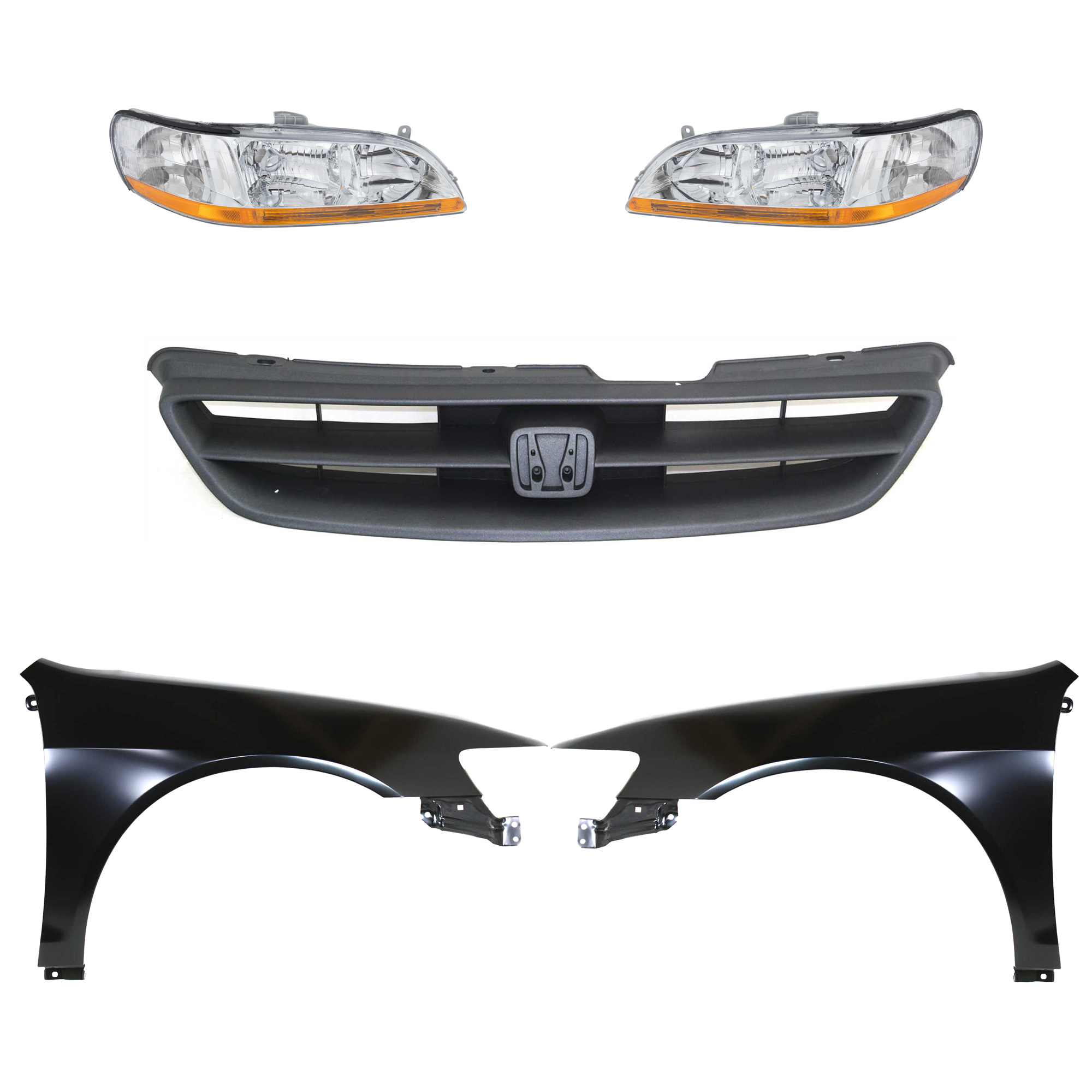 AM ACCORD 98-00 HEAD LAMP RH AND LH Lens and Housing Halogen 5 pc Kit with Fenders and Grille SKU KIT 030323-82 Partslink HO2503111 HO2502111 HO1241152 HO1240152 HO1200140 OEM 33101S84A01-33151S84A01-60211S
