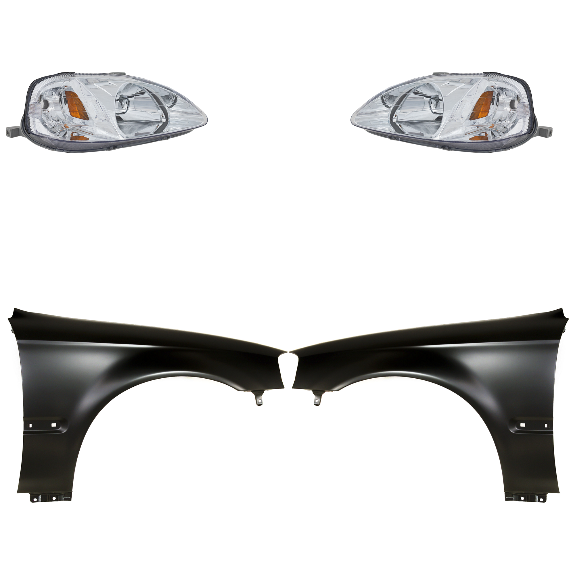 AM CIVIC 99-00 HEAD LAMP RH AND LH Lens and Housing Halogen 4 pc Kit with Fenders SKU KIT 030323-8303 Partslink HO2502113 HO2503113 HO1240151 HO1241151 OEM 33101S01A02-33151S01A02-60261S