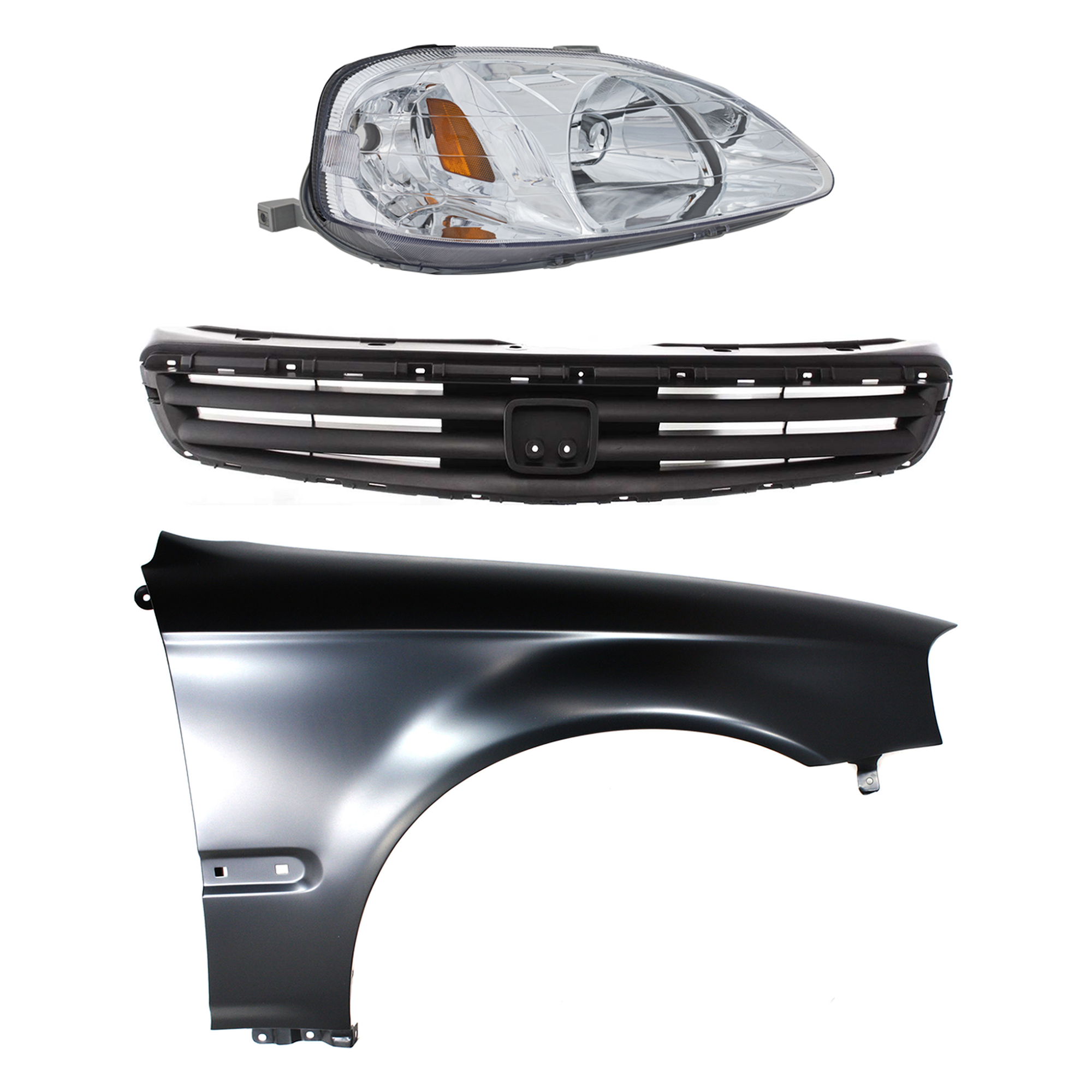 AM CIVIC 99-00 HEAD LAMP RH Lens and Housing Halogen 3 pc Kit with Fender and Grille Assembly SKU KIT 030323-8401 Partslink HO2503113 HO1241151 HO1200162 OEM 33101S01A02-60211S01A10ZZ 7112