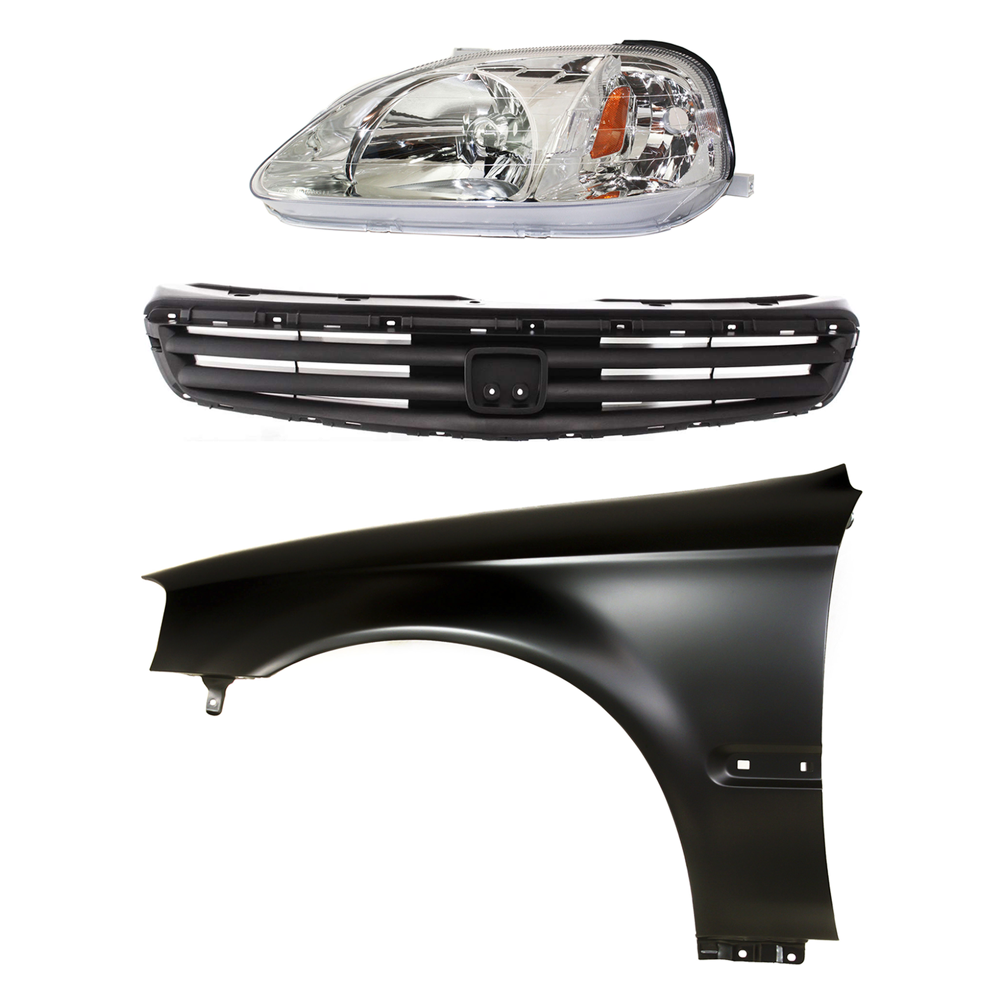AM CIVIC 99-00 HEAD LAMP LH Lens and Housing Halogen 3 pc Kit with Fender and Grille Assembly SKU KIT 030323-8402 Partslink HO2502113 HO1240151 HO1200162 OEM 33151S01A02-60261S01A10ZZ 7112