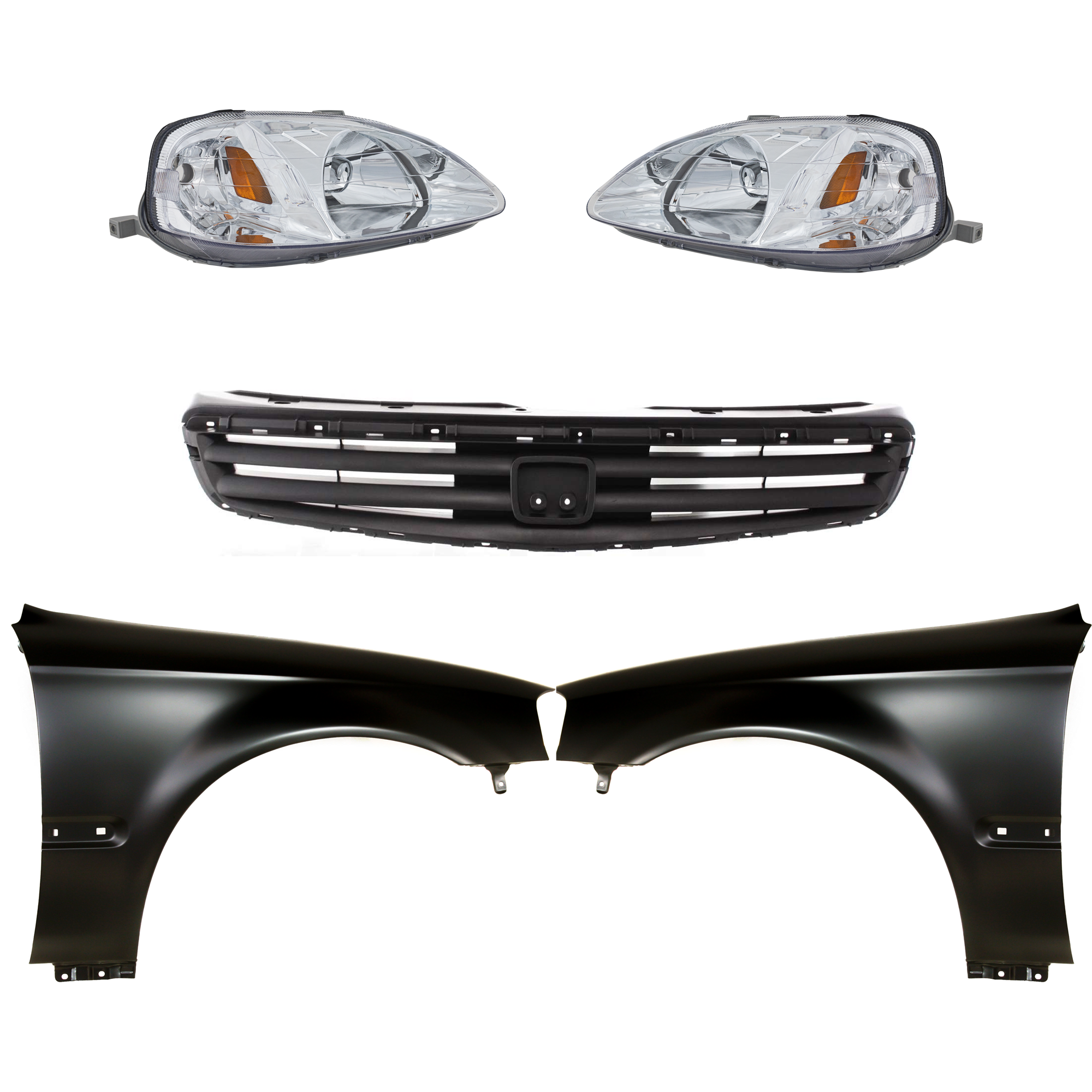 AM CIVIC 99-00 HEAD LAMP RH AND LH Lens and Housing Halogen 5 pc Kit with Fenders and Grille Assembly SKU KIT 030323-84 Partslink HO2502113 HO2503113 HO1240151 HO1241151 HO1200162 OEM 33101S01A02-33151S01A02-60261S