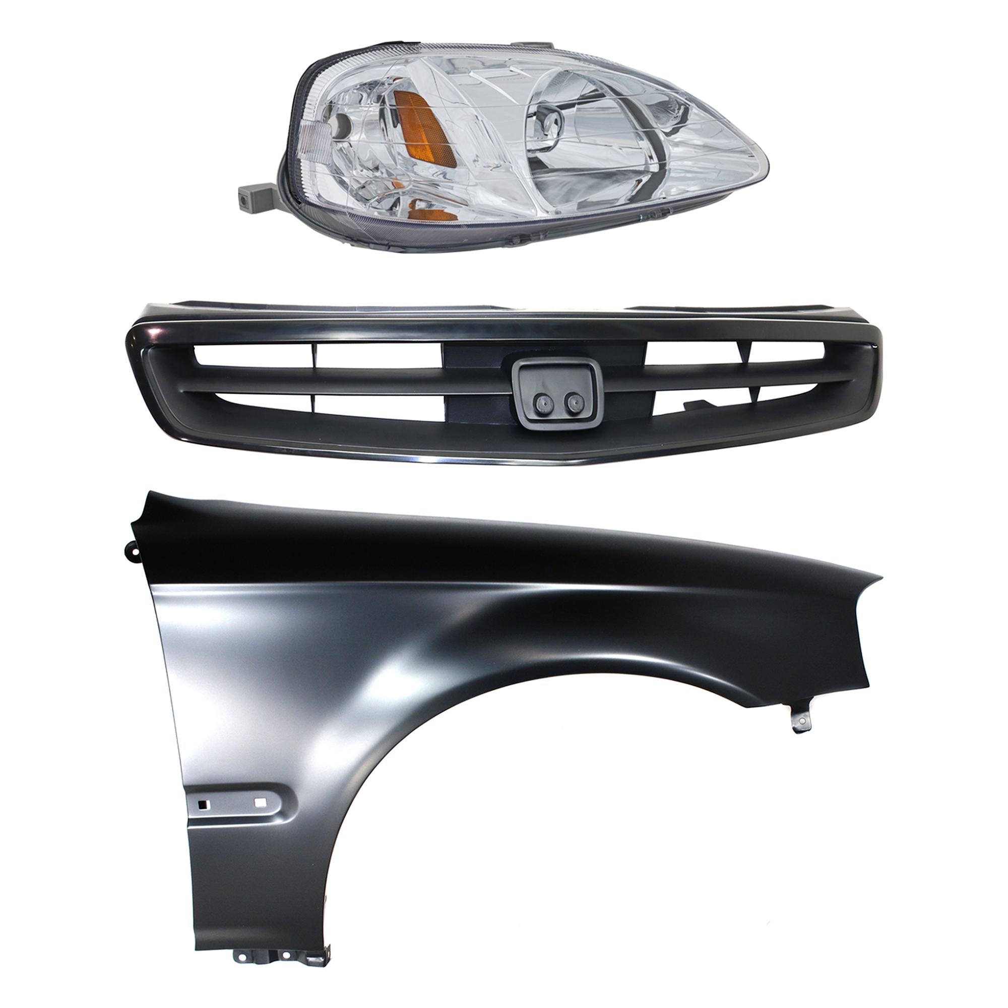 AM CIVIC 99-00 HEAD LAMP RH Lens and Housing Halogen 3 pc Kit with Fender and Grille SKU KIT 030323-8501 Partslink HO2503113 HO1241151 HO1200147 OEM 33101S01A02-60211S01A10ZZ Perf