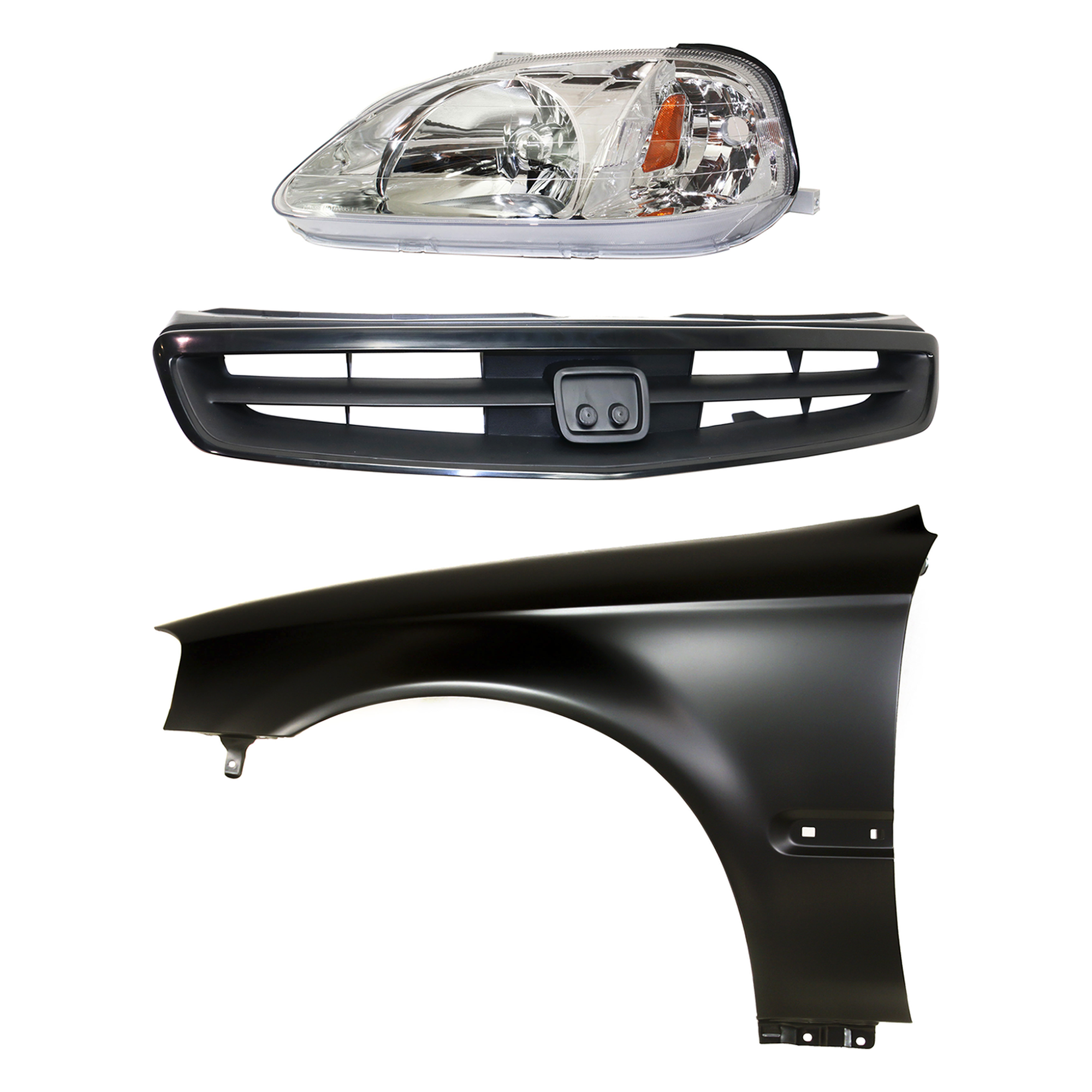 AM CIVIC 99-00 HEAD LAMP LH Lens and Housing Halogen 3 pc Kit with Fender and Grille SKU KIT 030323-8502 Partslink HO2502113 HO1240151 HO1200147 OEM 33151S01A02-60261S01A10ZZ Perf