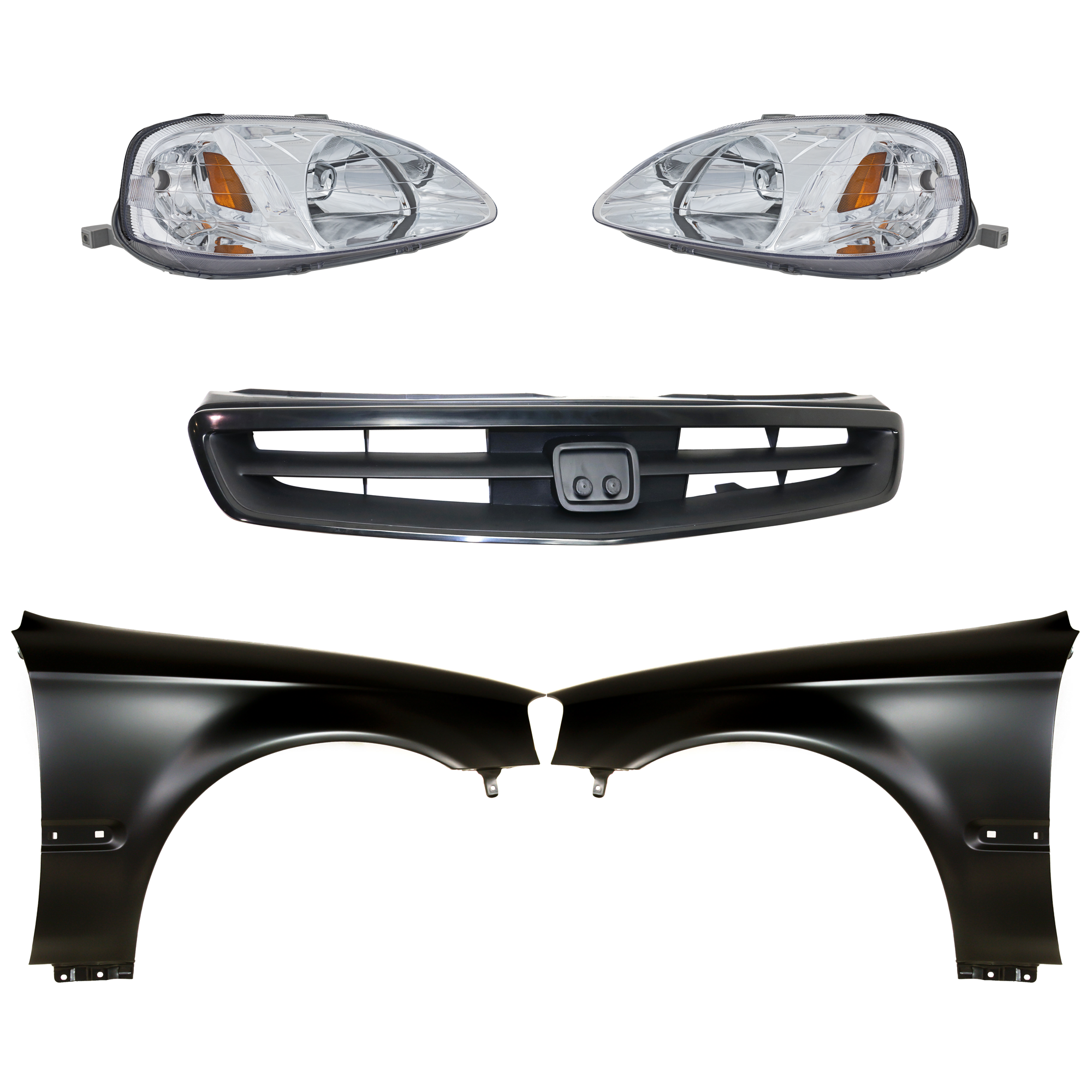 AM CIVIC 99-00 HEAD LAMP RH AND LH Lens and Housing Halogen 5 pc Kit with Fenders and Grille SKU KIT 030323-85 Partslink HO2502113 HO2503113 HO1240151 HO1241151 HO1200147 OEM 33101S01A02-33151S01A02-60261S