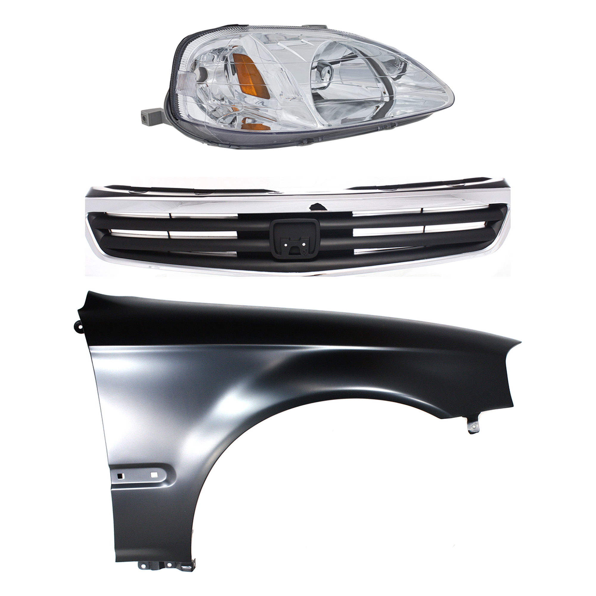AM CIVIC 99-00 HEAD LAMP RH Lens and Housing Halogen 3 pc Kit with Fender and Grille Assembly SKU KIT 030323-8601 Partslink HO2503113 HO1241151 HO1200143 OEM 33101S01A02-60211S01A10ZZ 7112