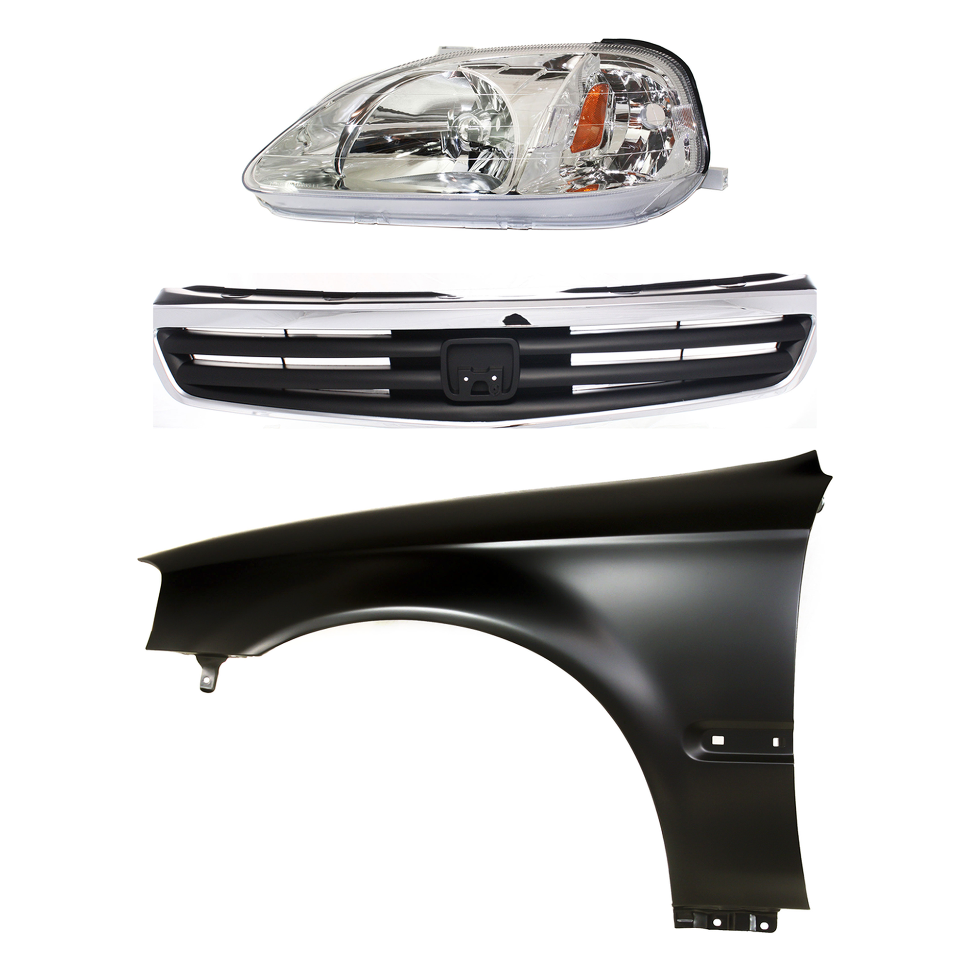 AM CIVIC 99-00 HEAD LAMP LH Lens and Housing Halogen 3 pc Kit with Fender and Grille Assembly SKU KIT 030323-8602 Partslink HO2502113 HO1240151 HO1200143 OEM 33151S01A02-60261S01A10ZZ 7112