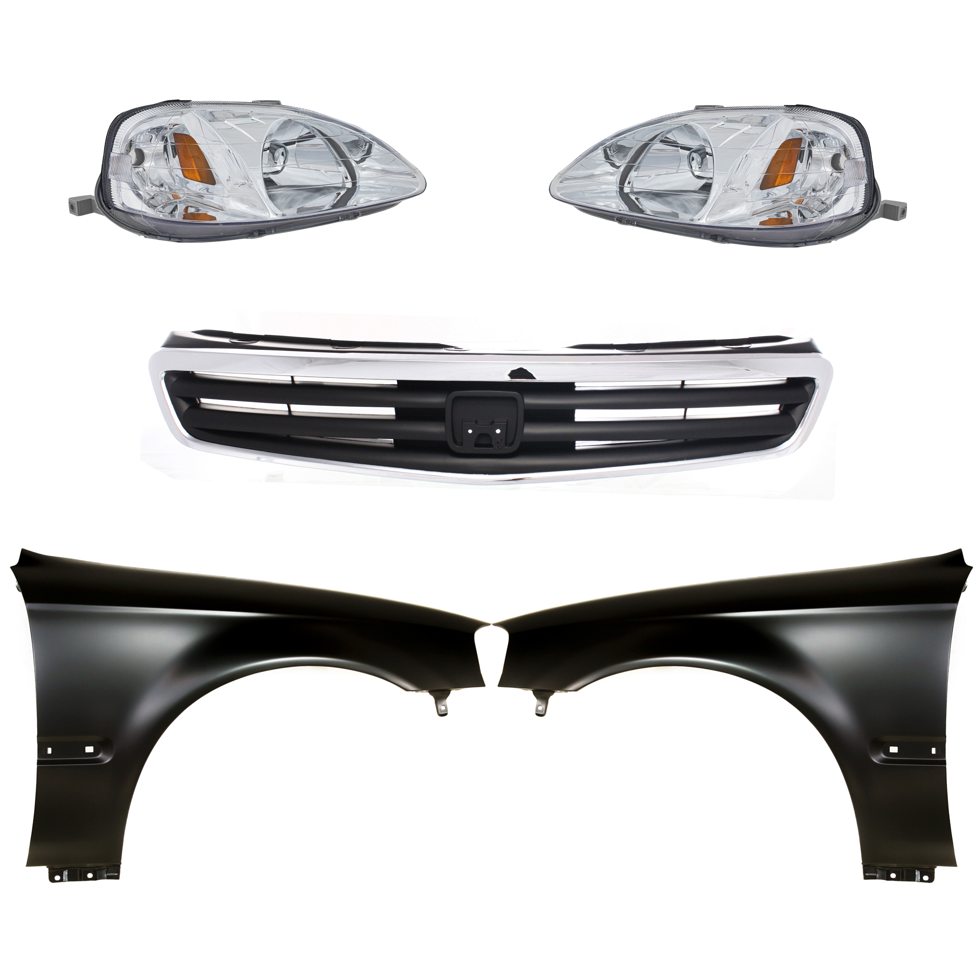 AM CIVIC 99-00 HEAD LAMP RH AND LH Lens and Housing Halogen 5 pc Kit with Fenders and Grille Assembly SKU KIT 030323-86 Partslink HO2502113 HO2503113 HO1240151 HO1241151 HO1200143 OEM 33101S01A02-33151S01A02-60261S