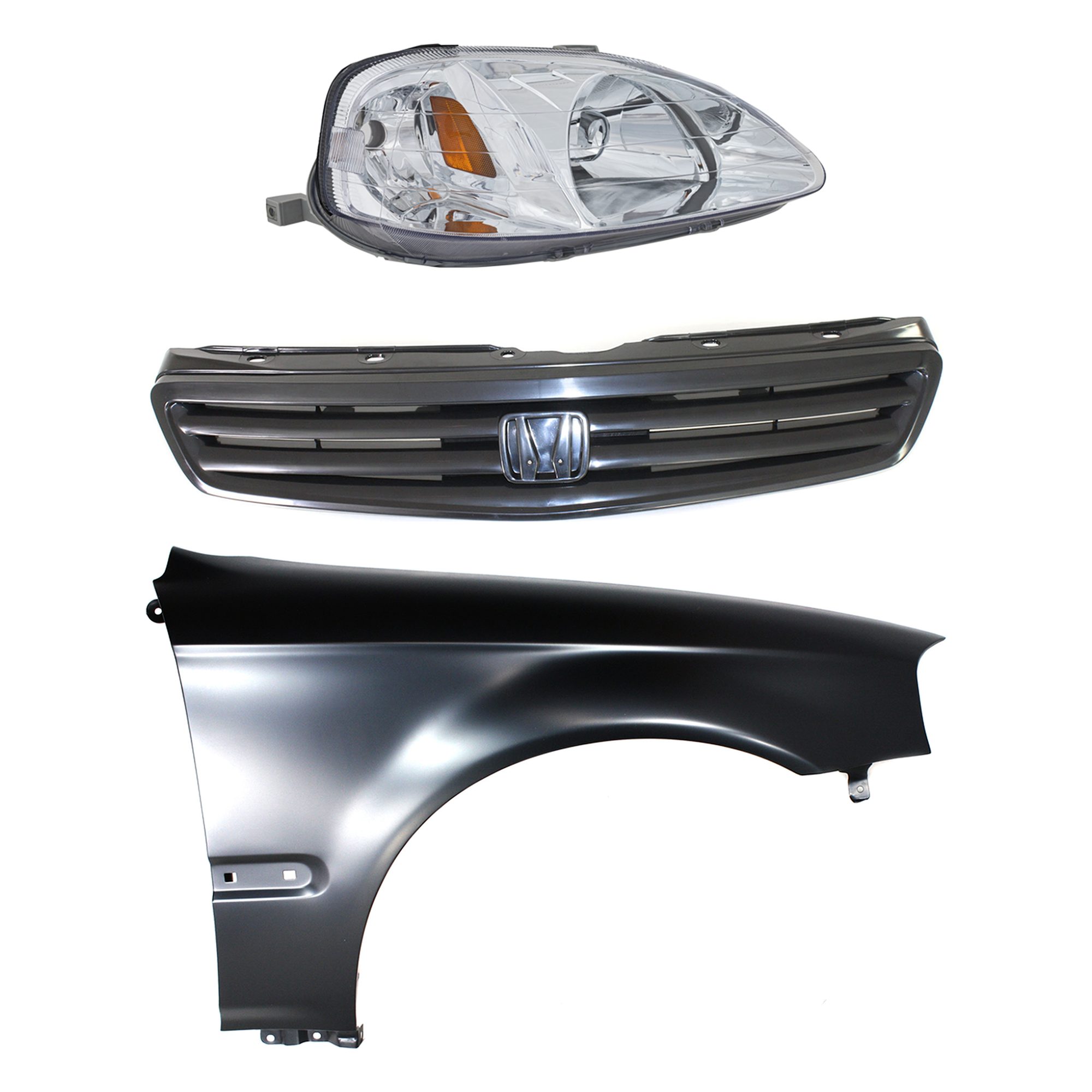 AM CIVIC 99-00 HEAD LAMP RH Lens and Housing Halogen 3 pc Kit with Fender and Grille Assembly SKU KIT 030323-8701 Partslink HO2503113 HO1241151 HO1200169 OEM 33101S01A02-60211S01A10ZZ 7112