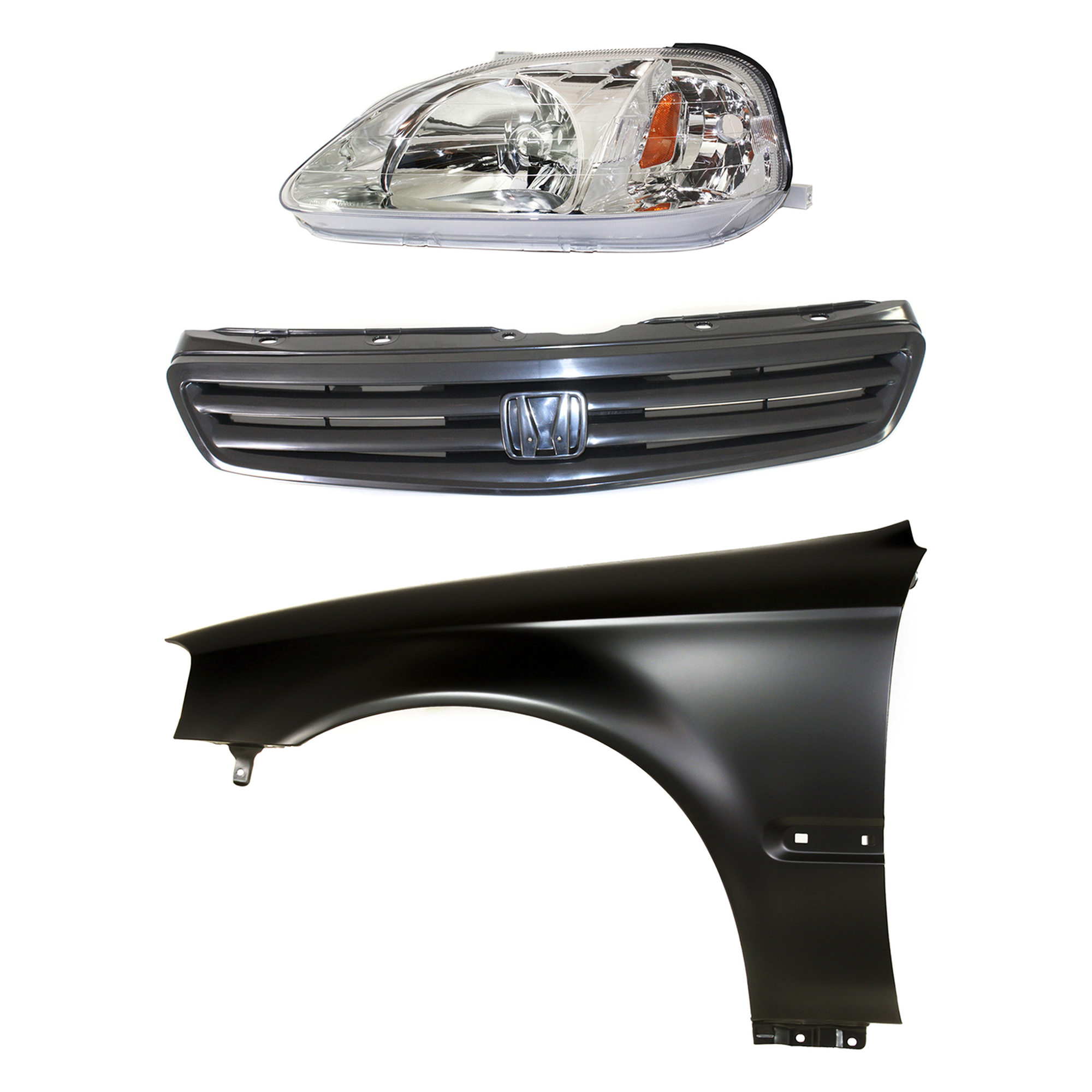 AM CIVIC 99-00 HEAD LAMP LH Lens and Housing Halogen 3 pc Kit with Fender and Grille Assembly SKU KIT 030323-8702 Partslink HO2502113 HO1240151 HO1200169 OEM 33151S01A02-60261S01A10ZZ 7112