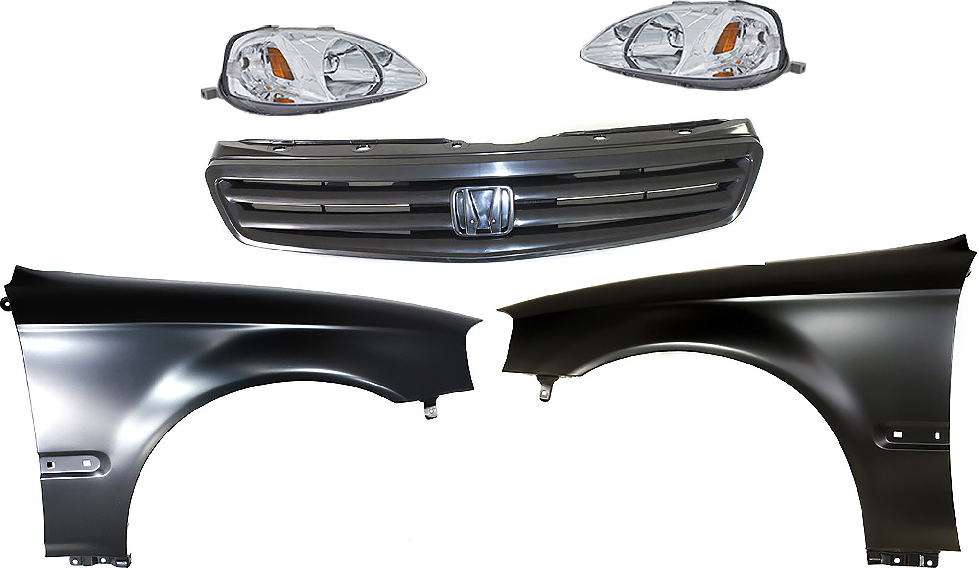 AM CIVIC 99-00 HEAD LAMP RH AND LH Lens and Housing Halogen 5 pc Kit with Fenders and Grille Assembly SKU KIT 030323-87 Partslink HO2502113 HO2503113 HO1240151 HO1241151 HO1200169 OEM 33101S01A02-33151S01A02-60261S
