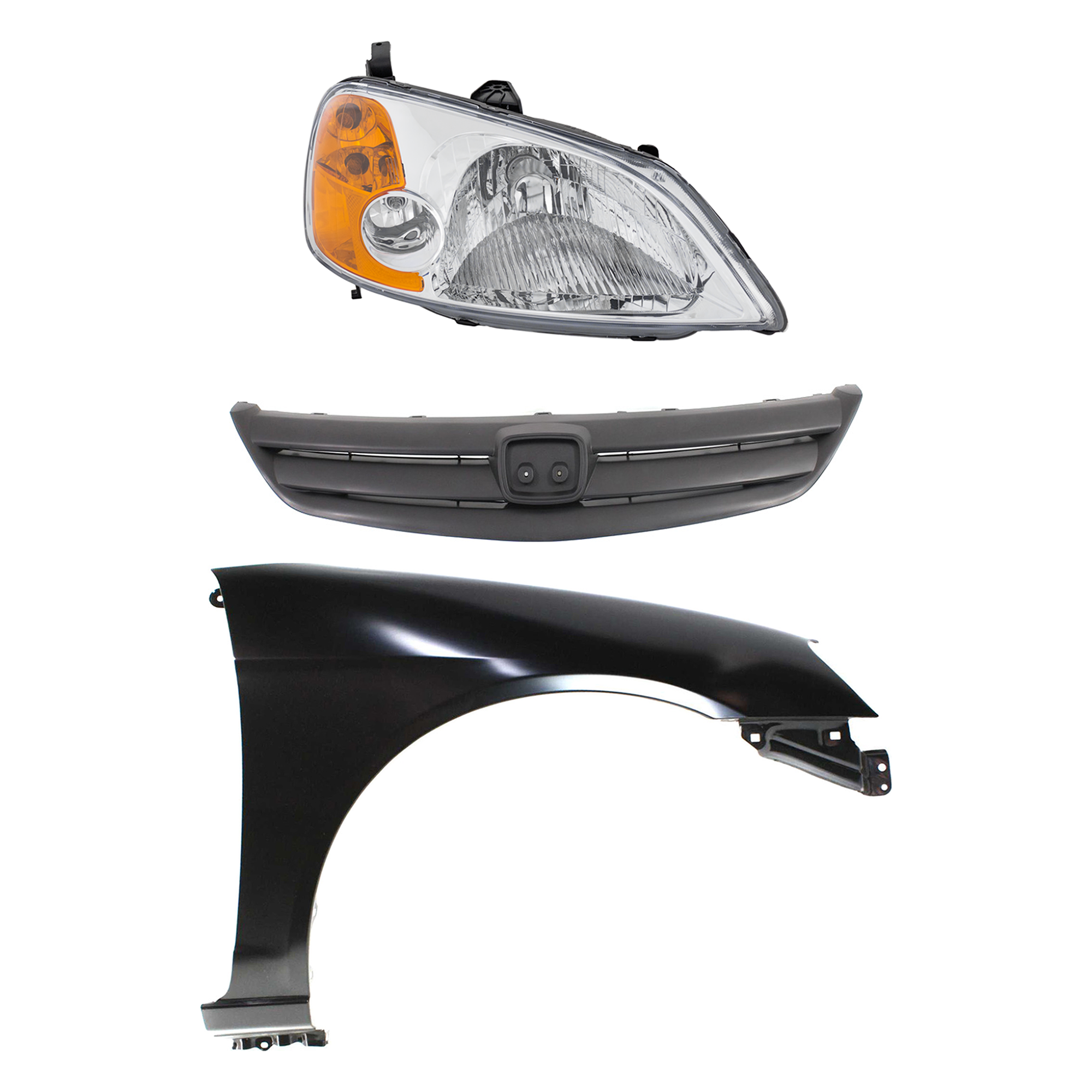 AM CIVIC 01-03 HEAD LAMP RH Assembly Halogen 3 pc Kit with Fender and Grille SKU KIT 030323-9001 Partslink HO1241153 HO1200154 OEM 33101S5AA01 PFM 60211S5DA90ZZ