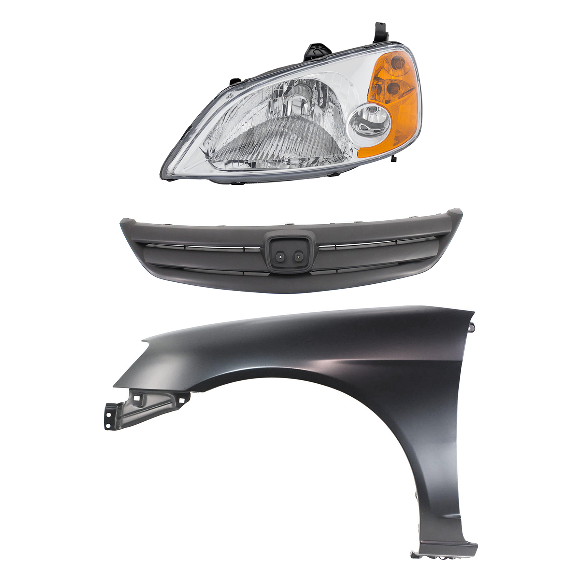 AM CIVIC 01-03 HEAD LAMP LH Assembly Halogen 3 pc Kit with Fender and Grille SKU KIT 030323-9002 Partslink HO1240153 HO1200154 OEM 33151S5AA01 PFM 60261S5DA90ZZ