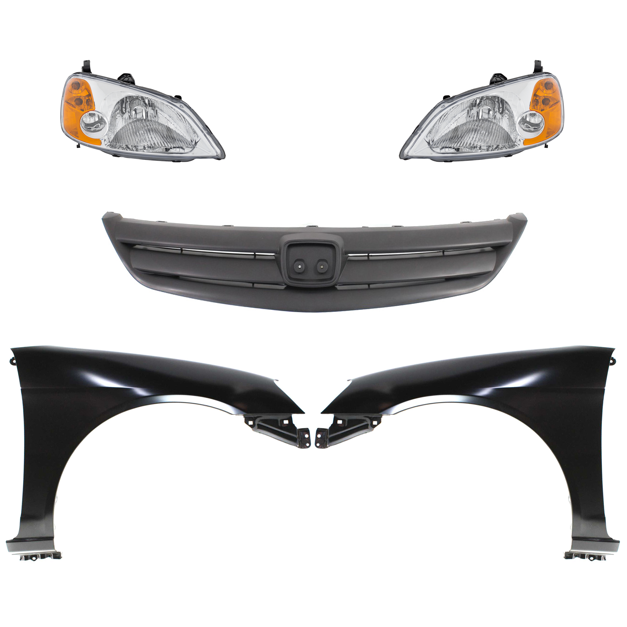 AM CIVIC 01-03 HEAD LAMP RH AND LH Assembly Halogen 5 pc Kit with Fenders and Grille SKU KIT 030323-90 Partslink HO1240153 HO1241153 HO1200154 OEM 33101S5AA01 PFM 33151S5AA01 PF