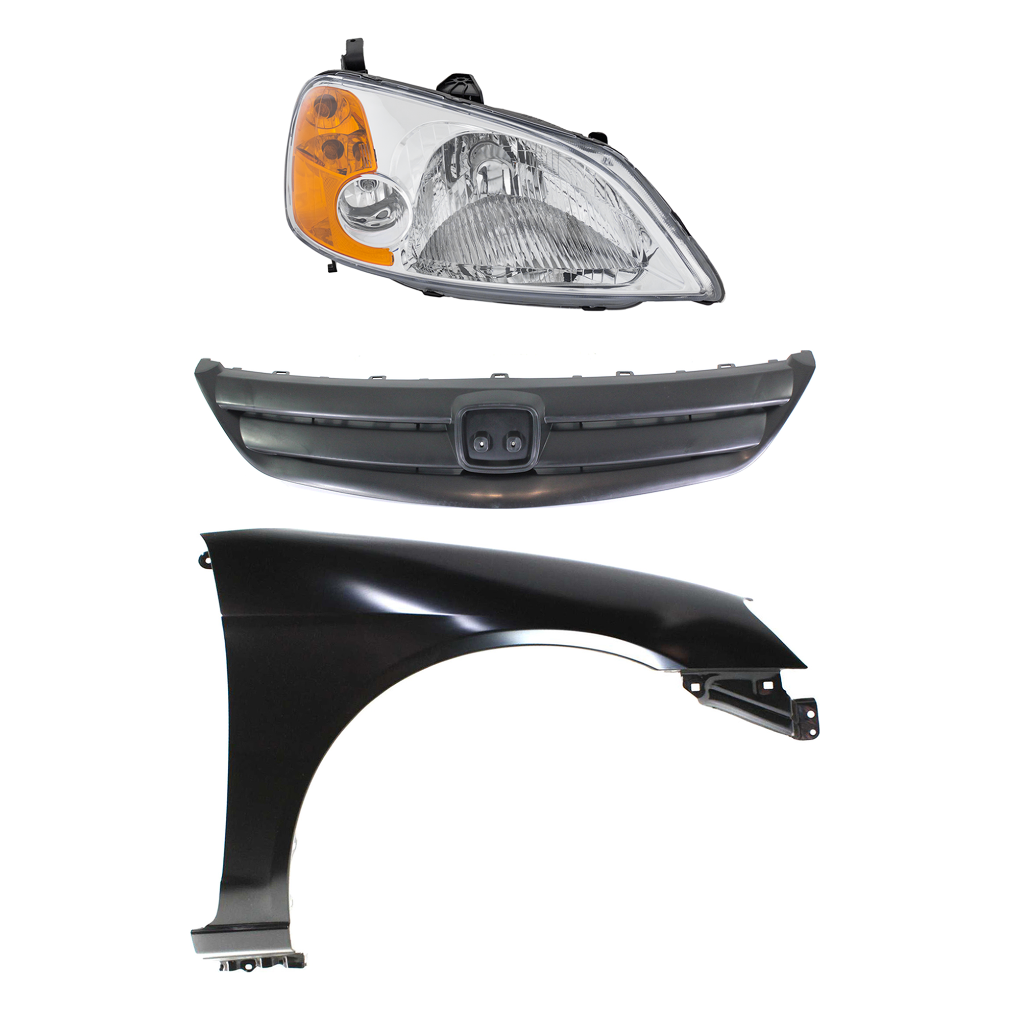 AM CIVIC 01-03 HEAD LAMP RH Assembly Halogen 3 pc Kit with Fender and Grille SKU KIT 030323-9101 Partslink HO1241153 HO1200155 OEM 33101S5AA01 PFM 60211S5DA90ZZ